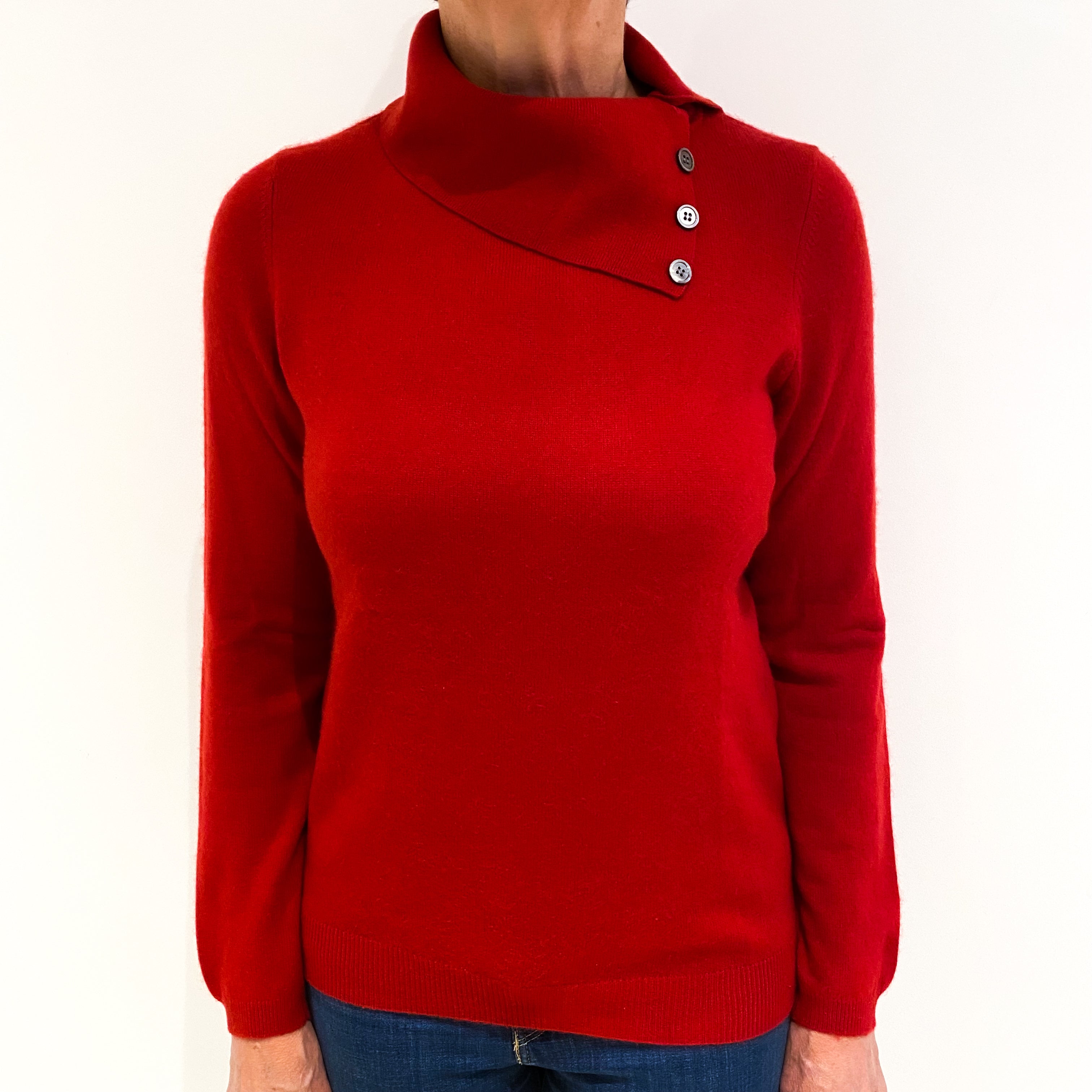 Scarlet Red Button Cashmere Polo Neck Jumper Medium