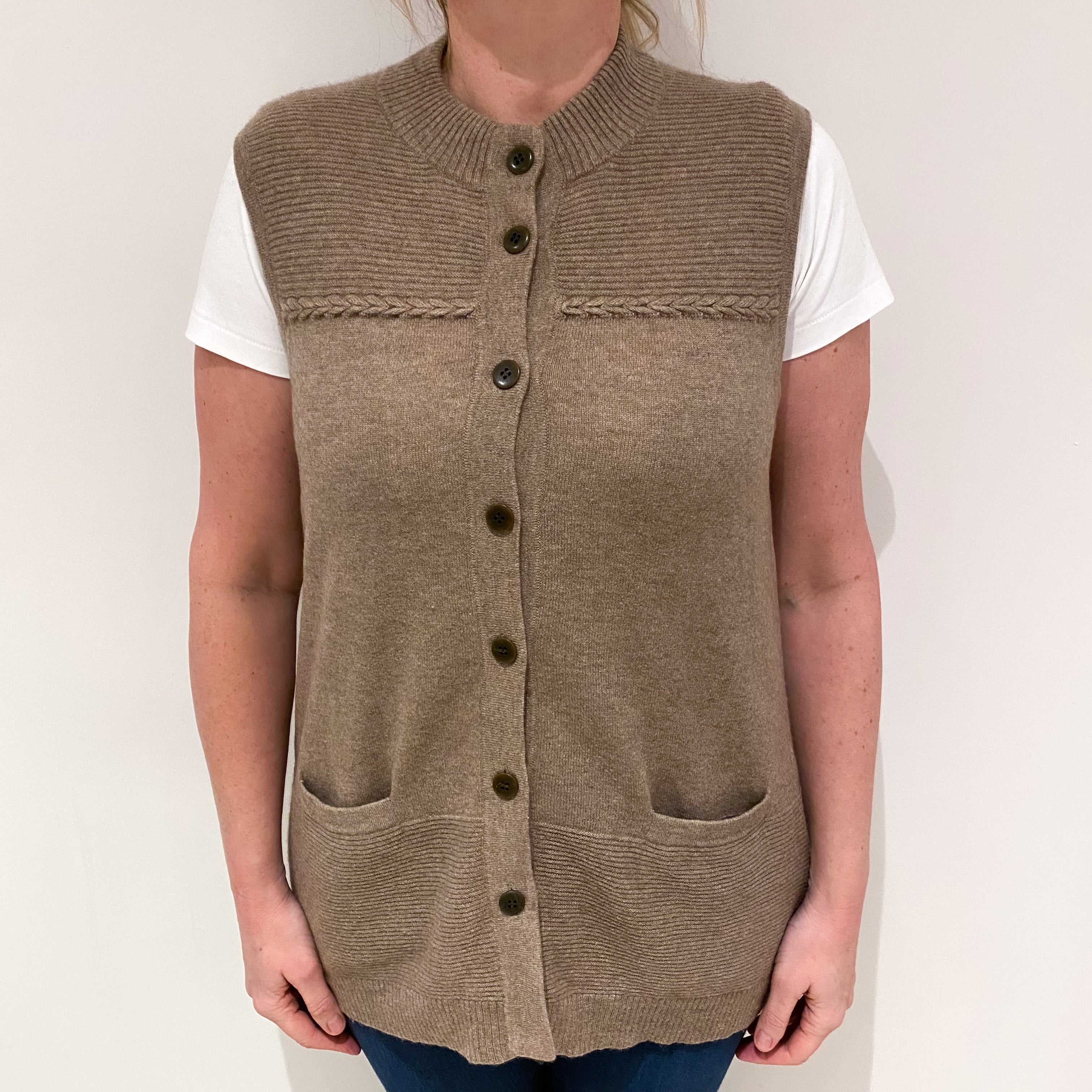 Taupe Brown Cashmere Crew Neck Gilet with Pockets Large