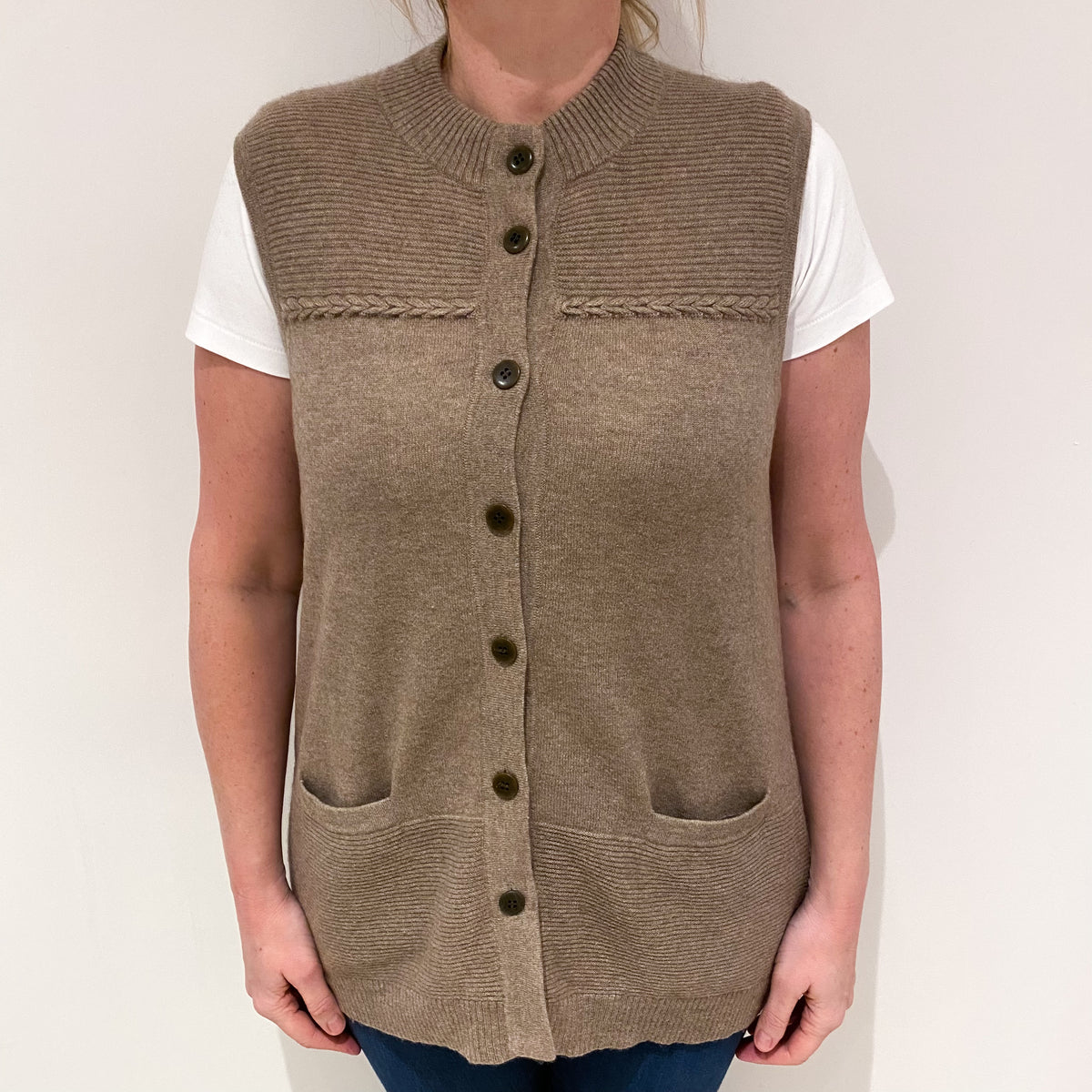 Taupe Brown Cashmere Crew Neck Gilet with Pockets Large