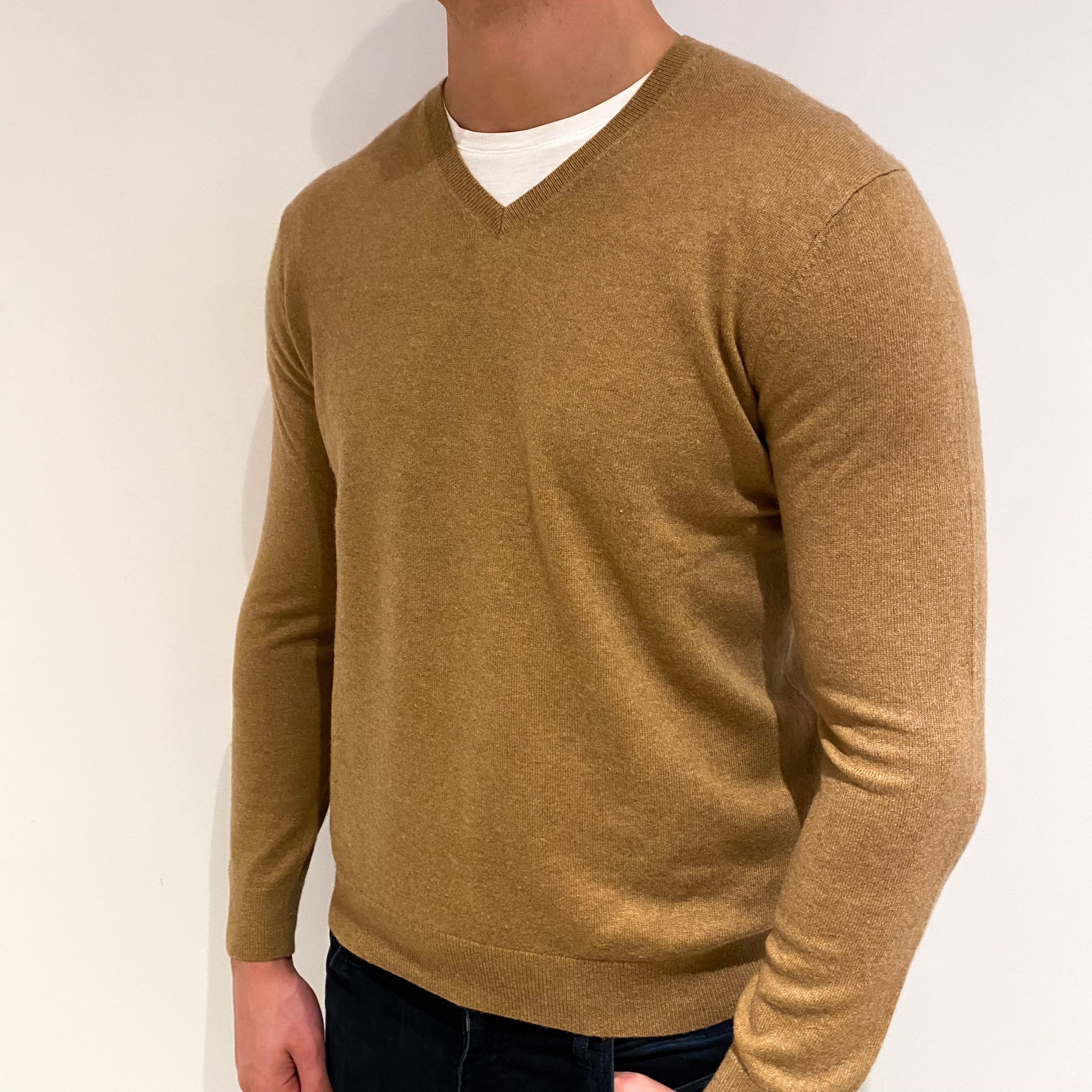 Men's Butterscotch Brown Cashmere V Neck Jumper XL