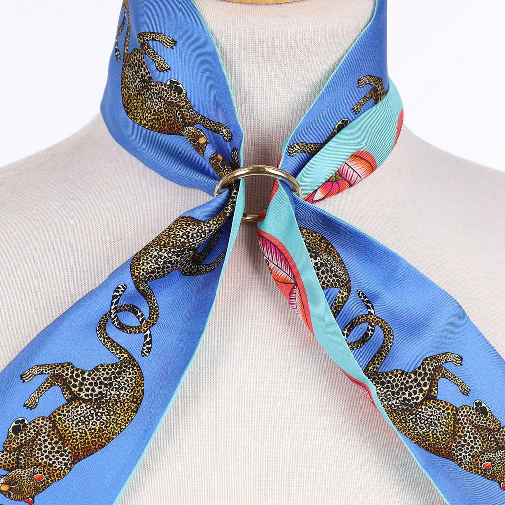 Brand New Bellezza Two Tone Blue Leopard Tropical Double Faced Silk Twilly