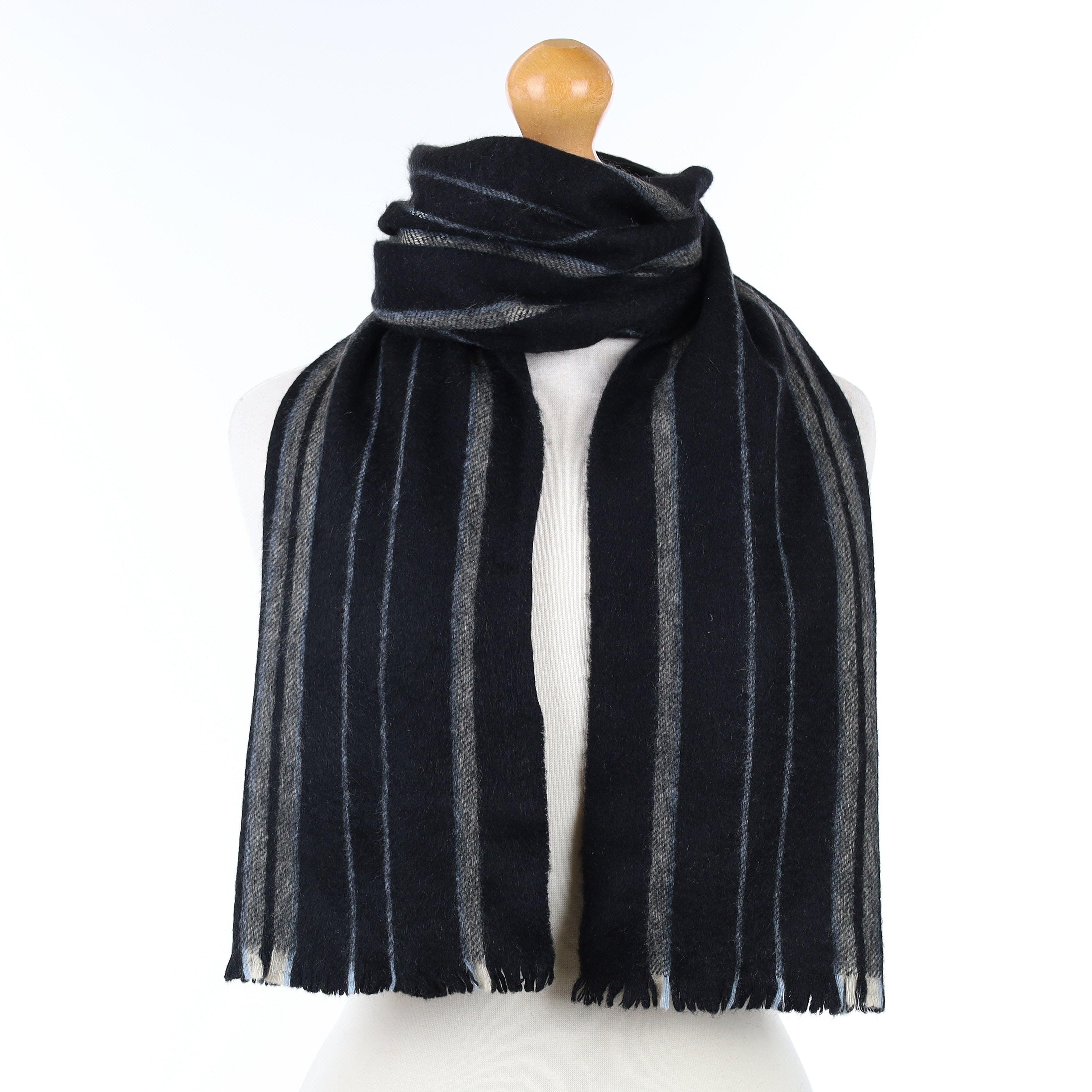 Black Grey and Blue Striped Cashmere Woven Scarf