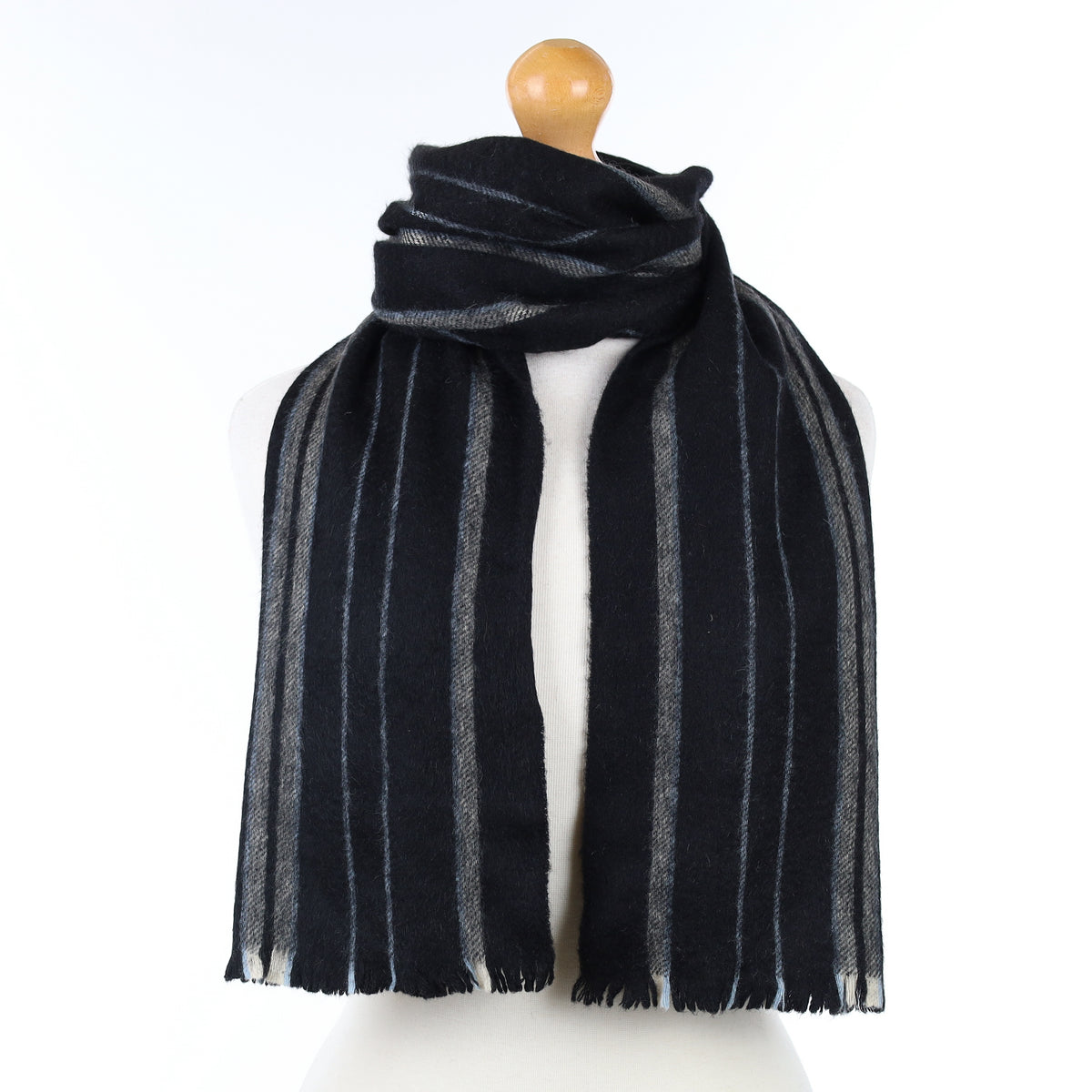 Black Grey and Blue Striped Cashmere Woven Scarf