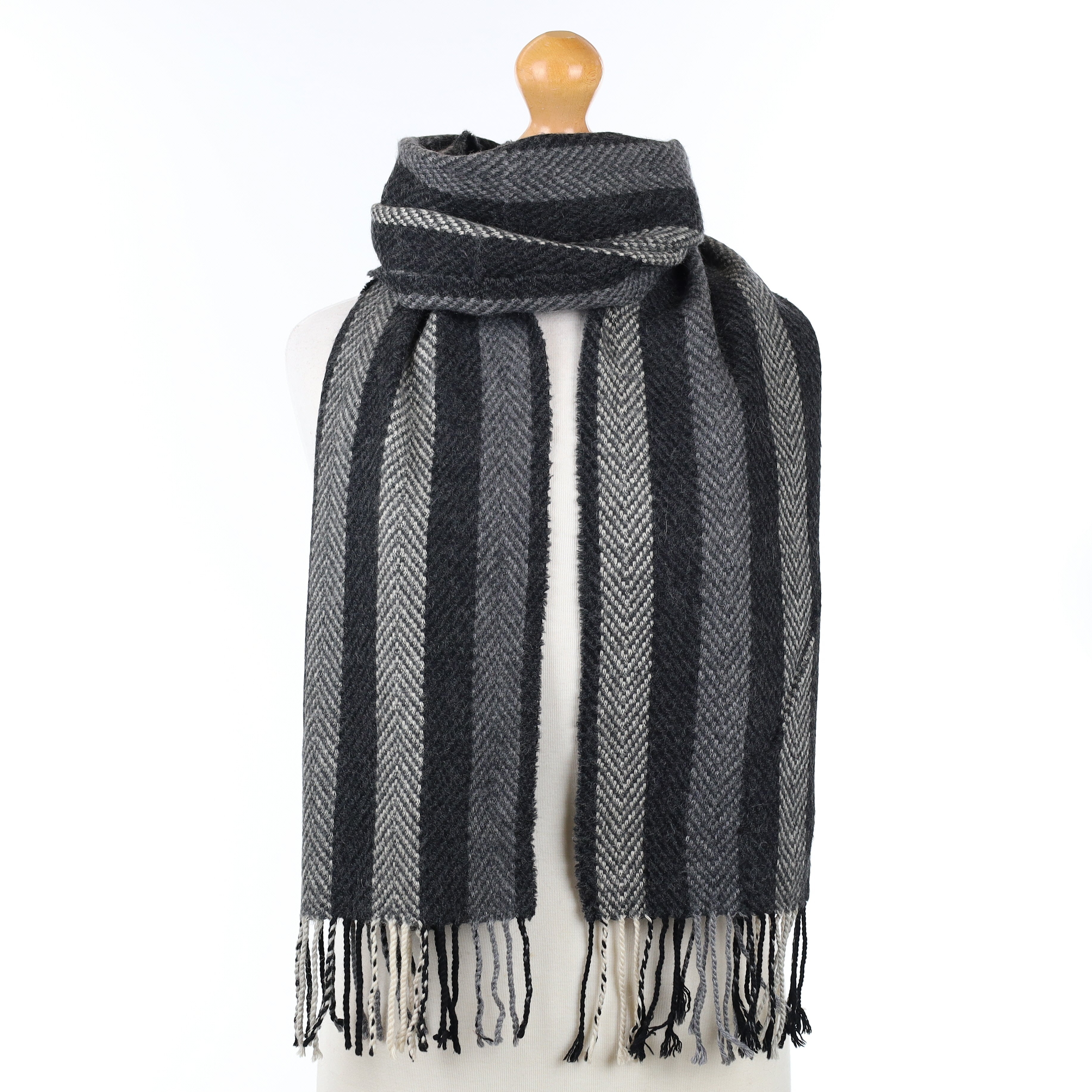 Scottish Black Grey and Cream Striped Cashmere Woven Scarf