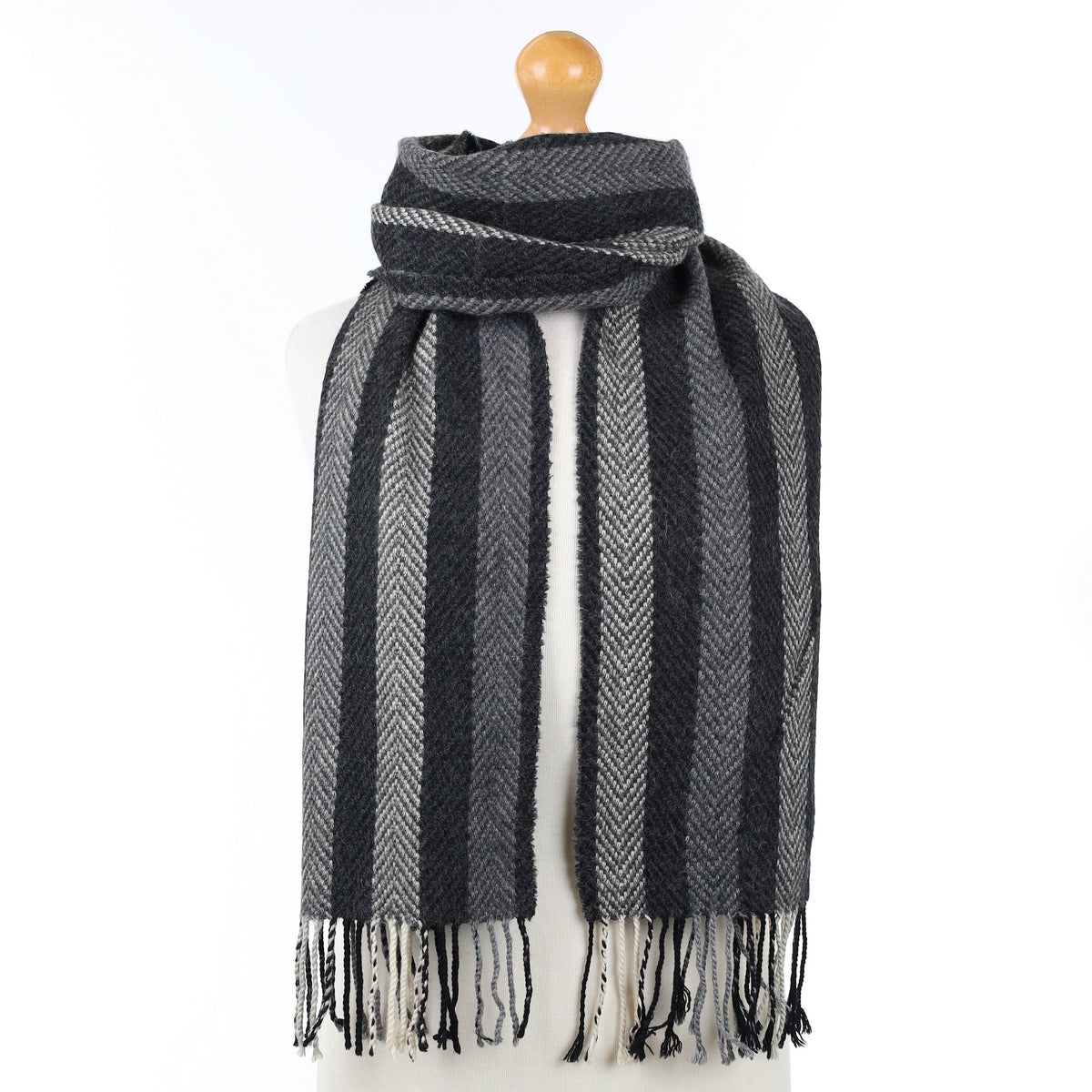 Scottish Black Grey and Cream Striped Cashmere Woven Scarf