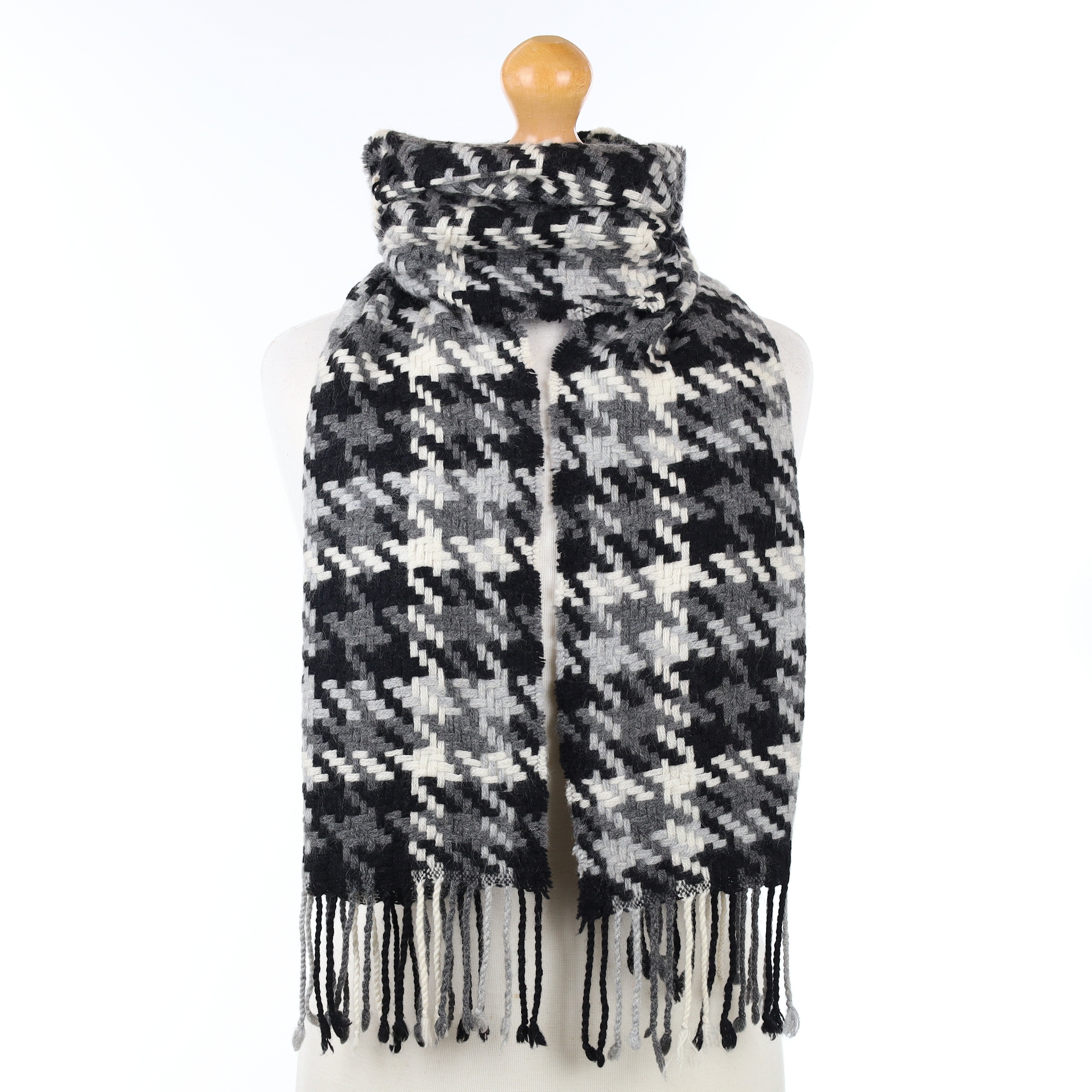 Black Grey and Cream Patterned Cashmere Woven Scarf