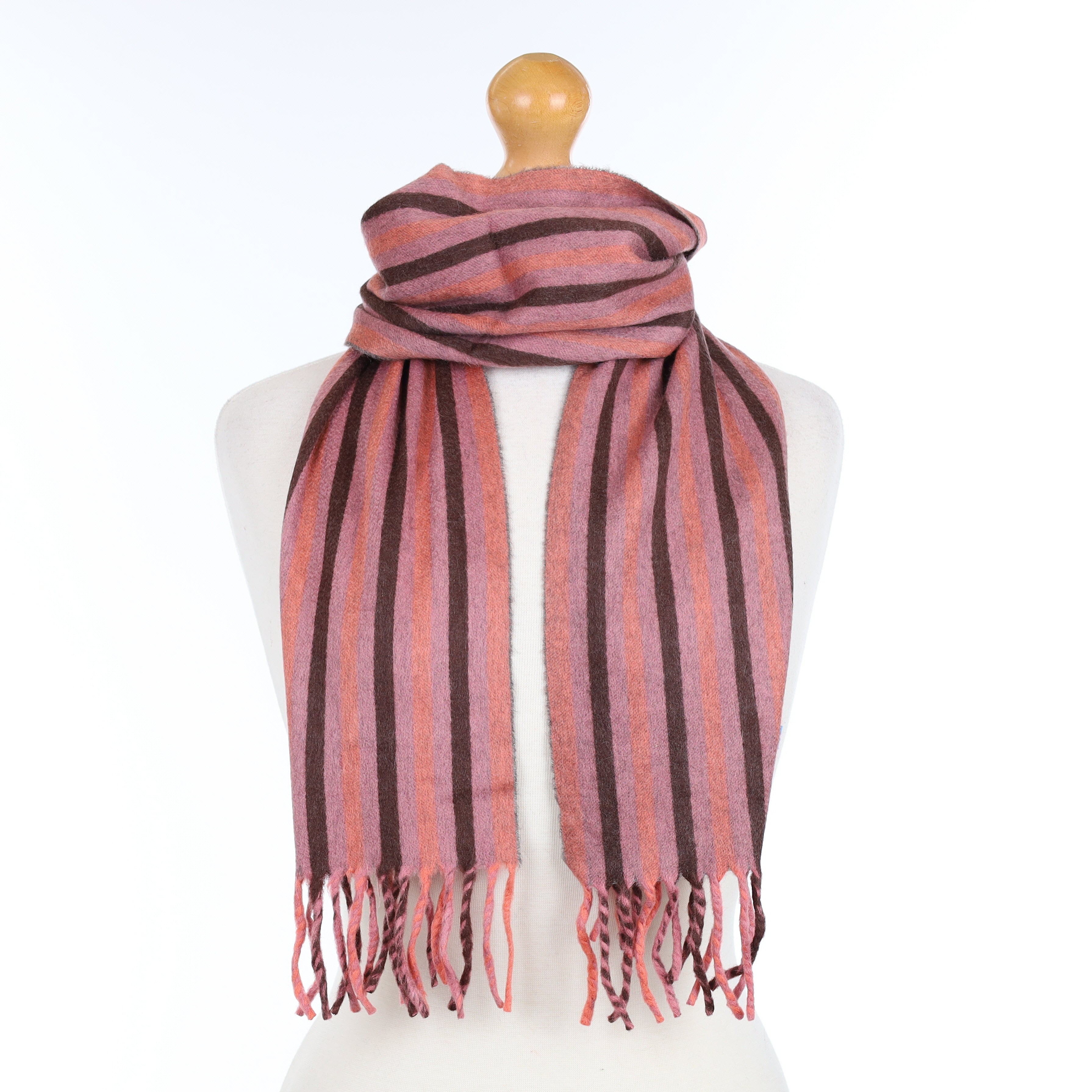 Coral Pink and Brown Striped Cashmere Woven Scarf