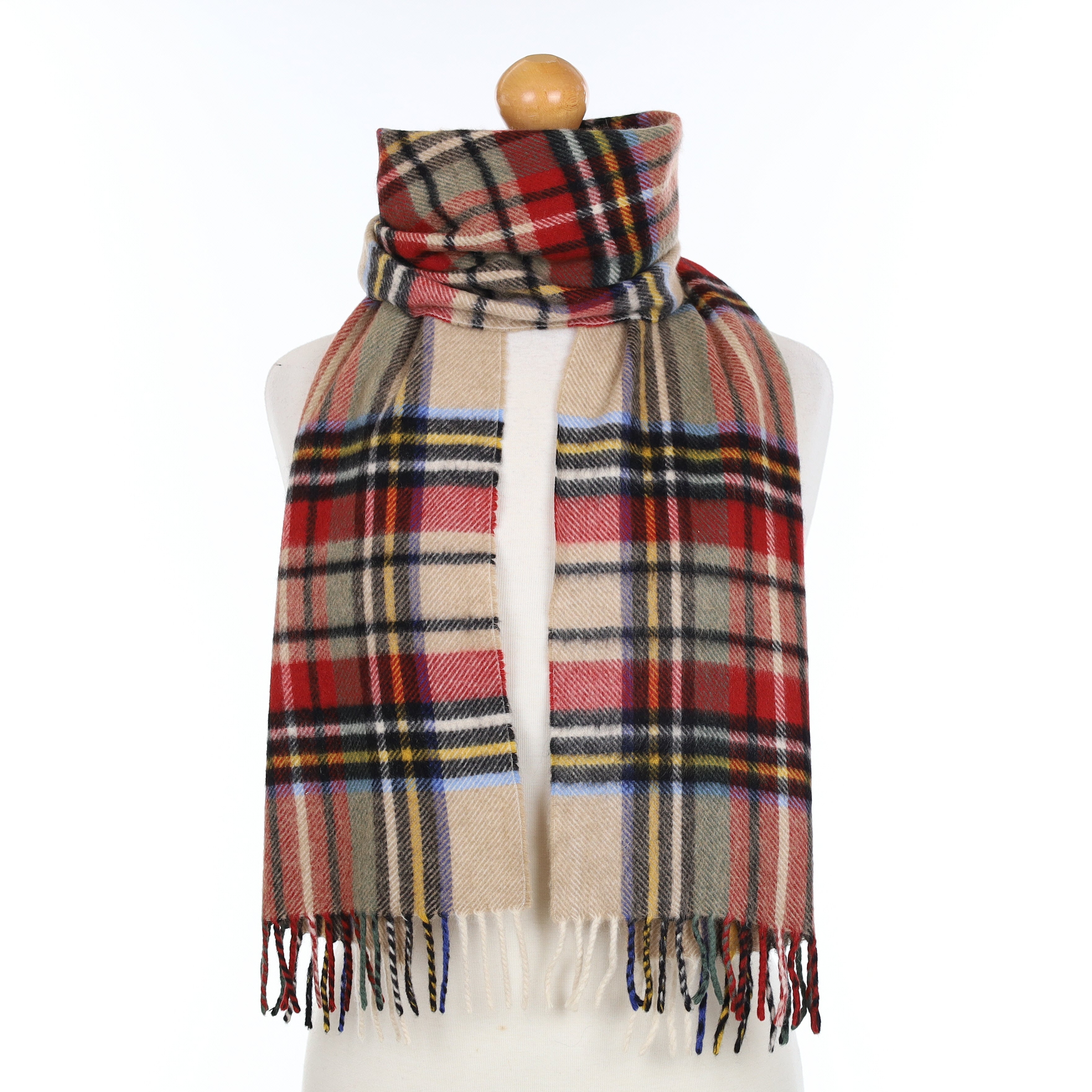 Beige and Multicoloured Plaid Cashmere Woven Scarf
