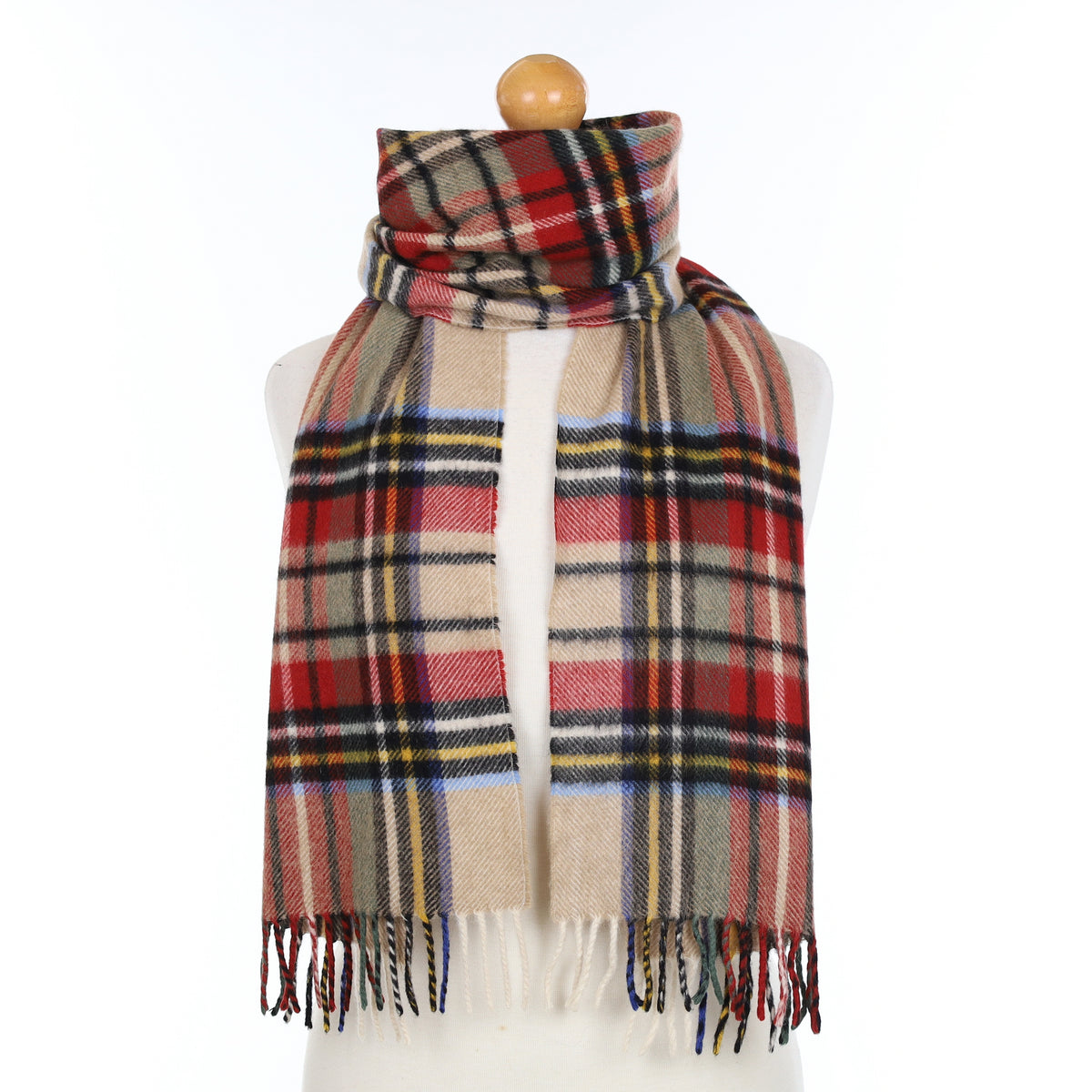 Beige and Multicoloured Plaid Cashmere Woven Scarf