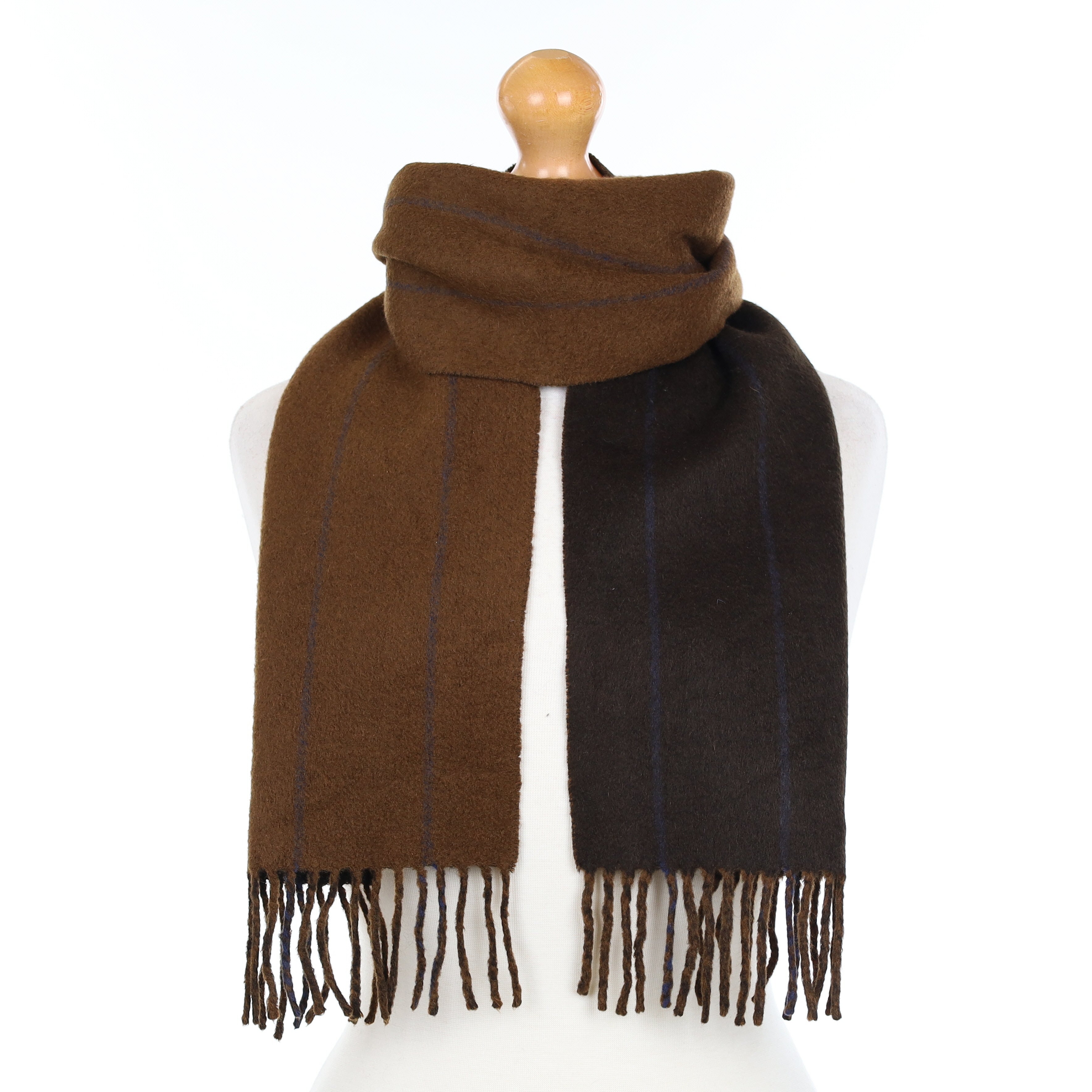 Two Toned Brown and Blue Striped Cashmere Woven Scarf