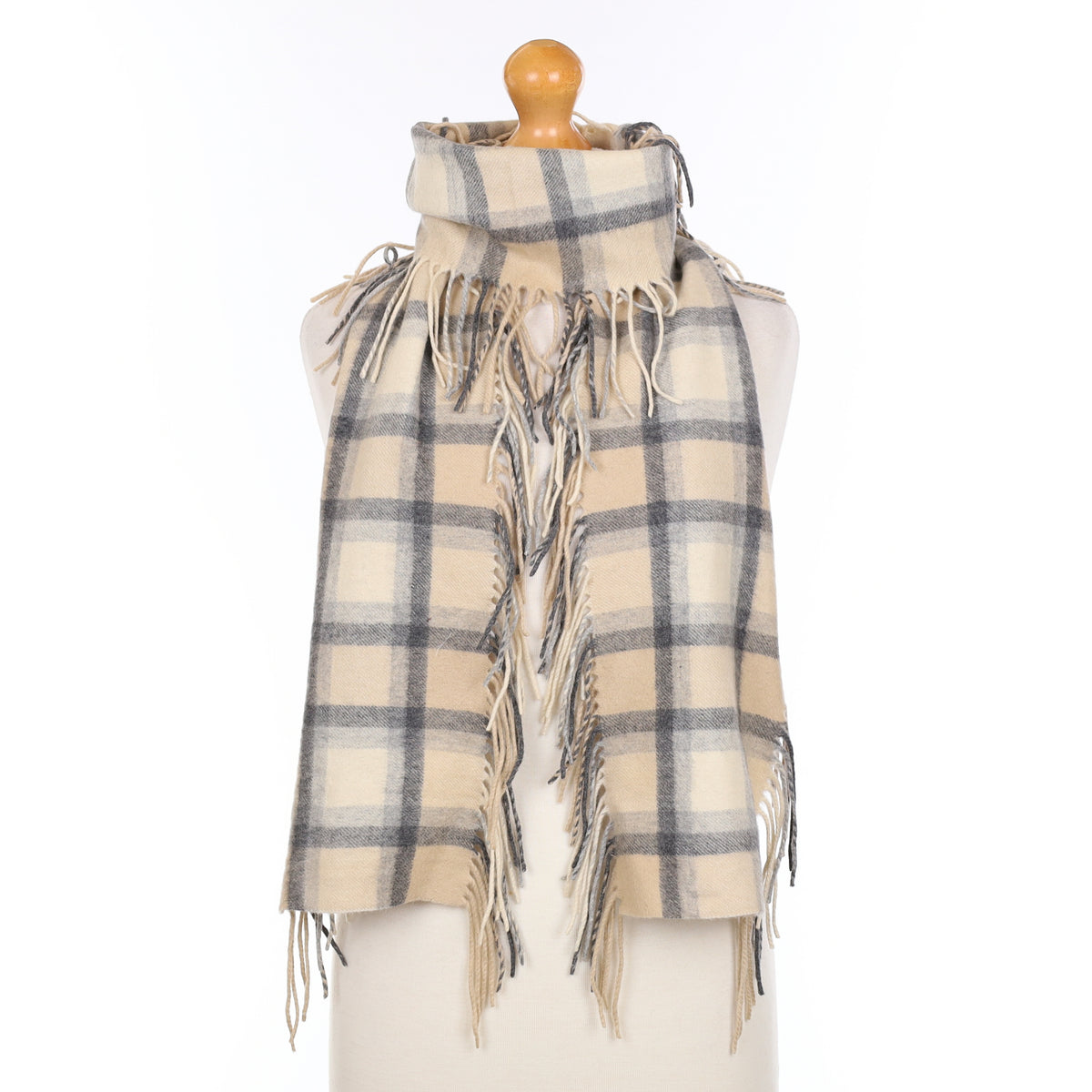 Beige and Grey Checked Tassel Edged Cashmere Woven Scarf