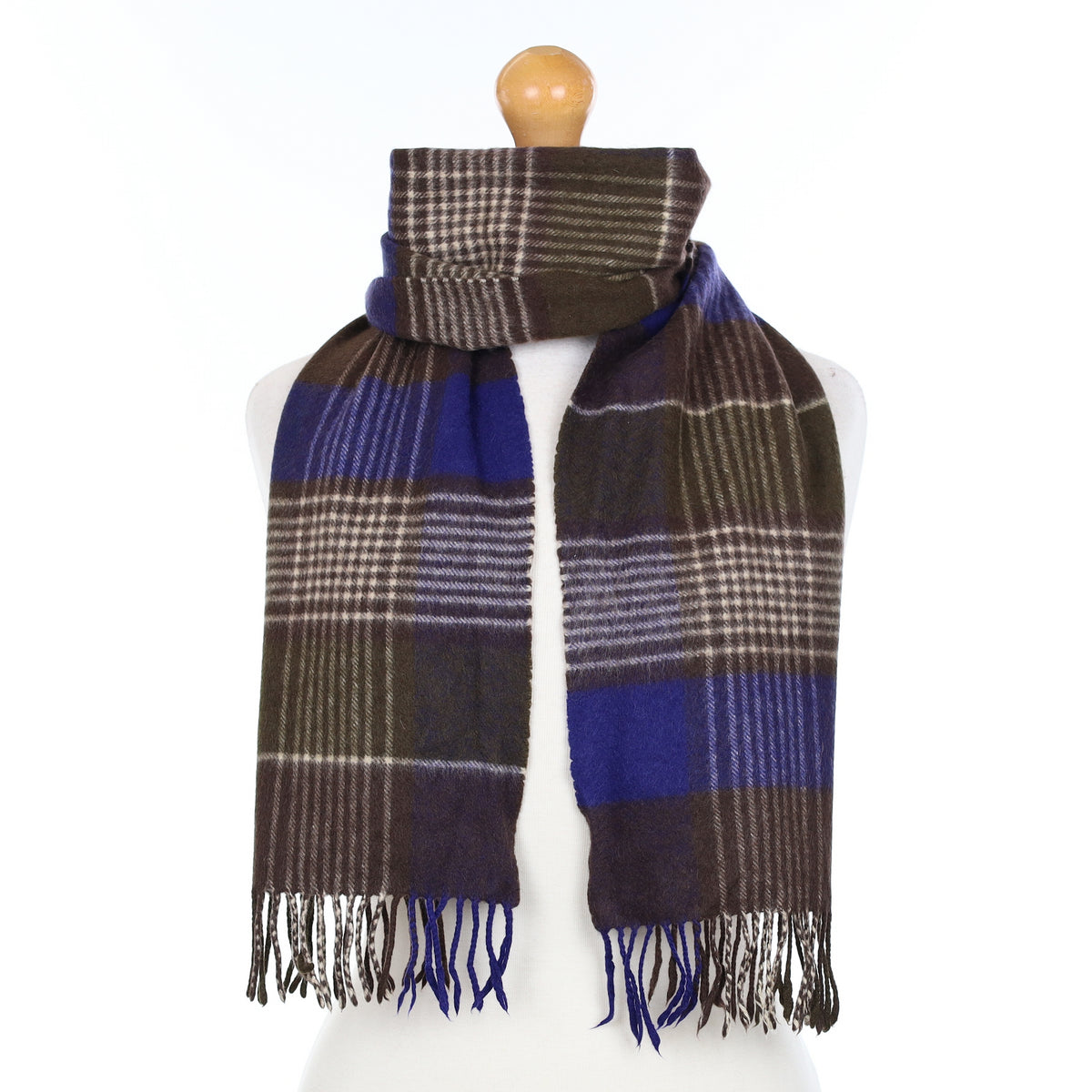 Scottish Blue Brown and Cream Patterned Cashmere Woven Scarf