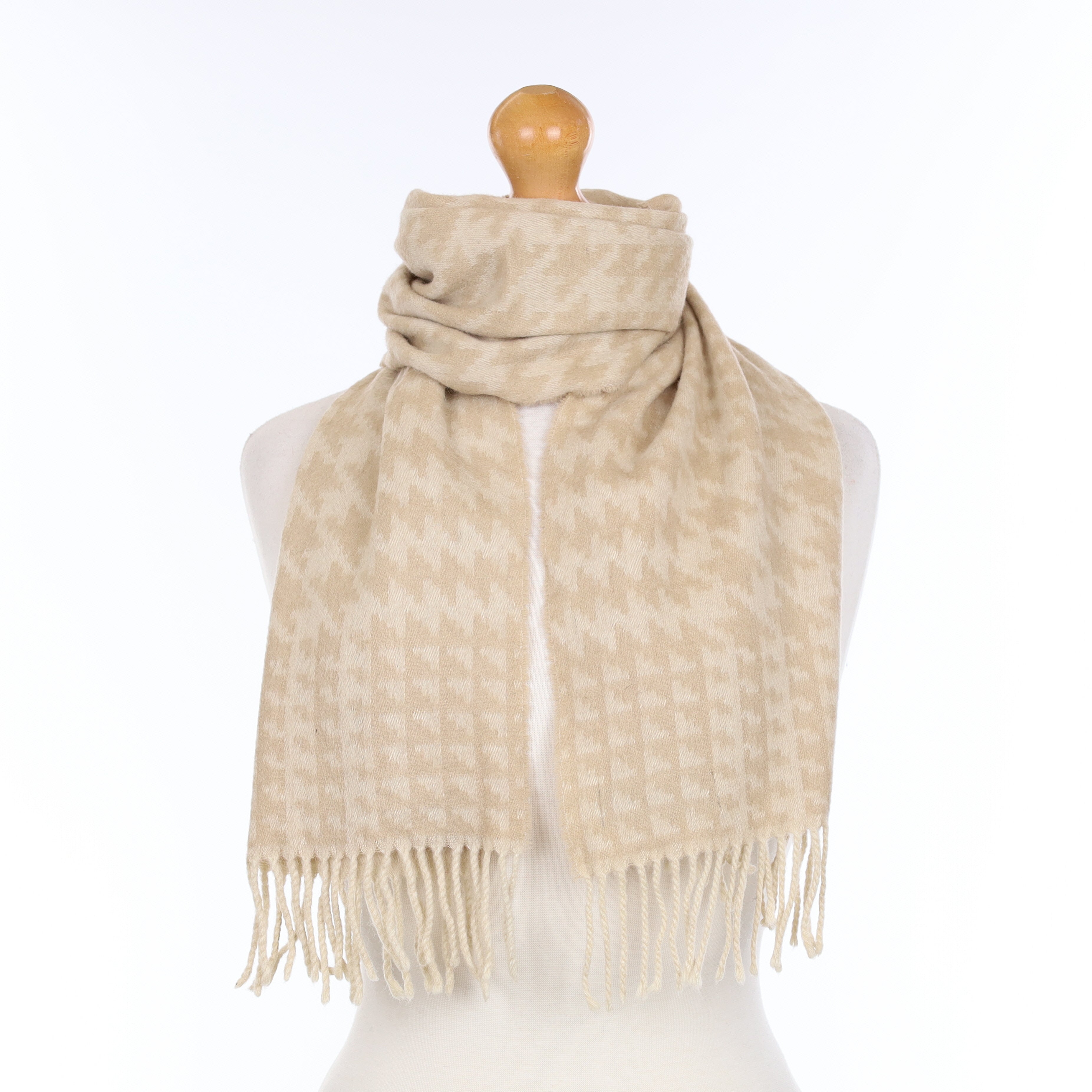 Camel and Beige Patterned Cashmere Woven Scarf
