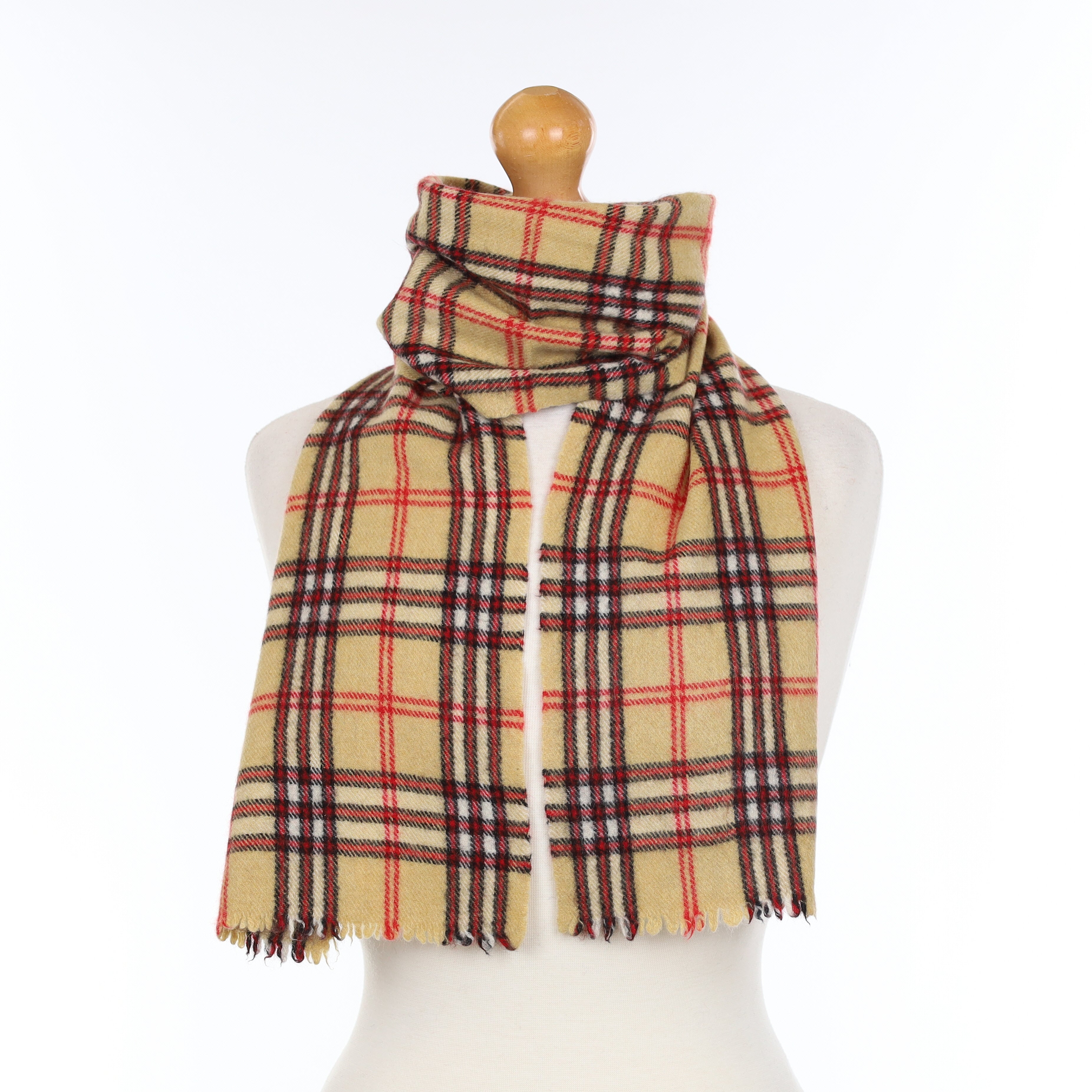 Beige and Red Plaid Cashmere Woven Scarf