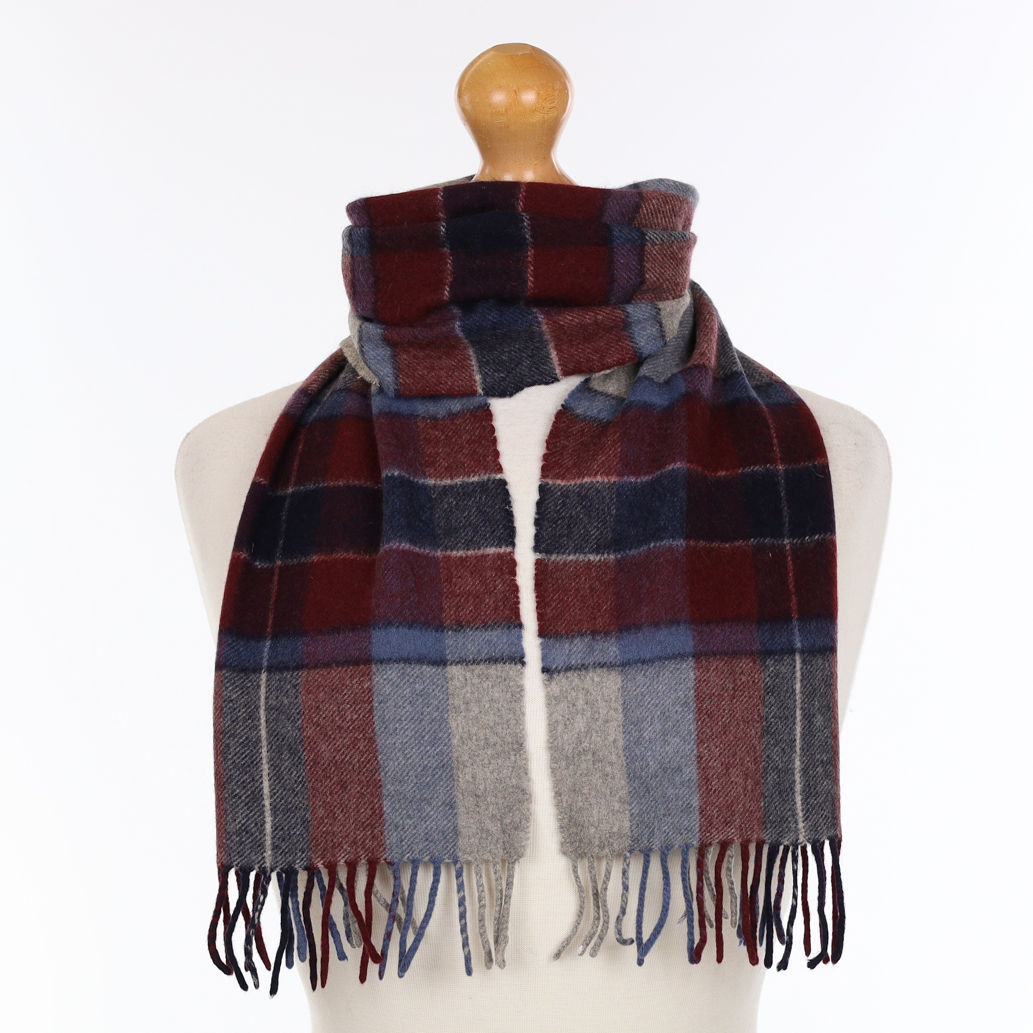 Red Blue and Grey Patterned Cashmere Woven Scarf