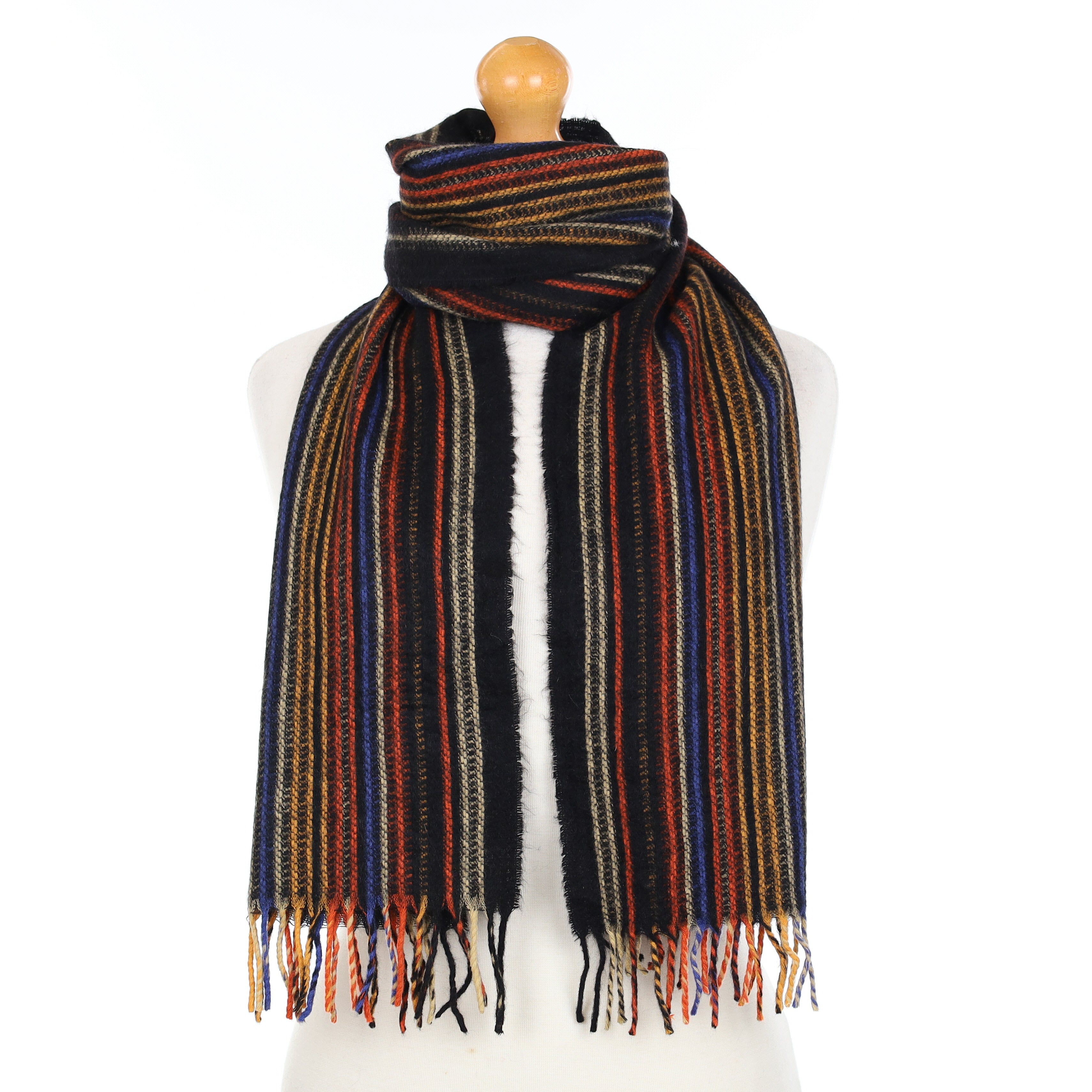 Black Orange Yellow and Blue Striped Cashmere Woven Scarf