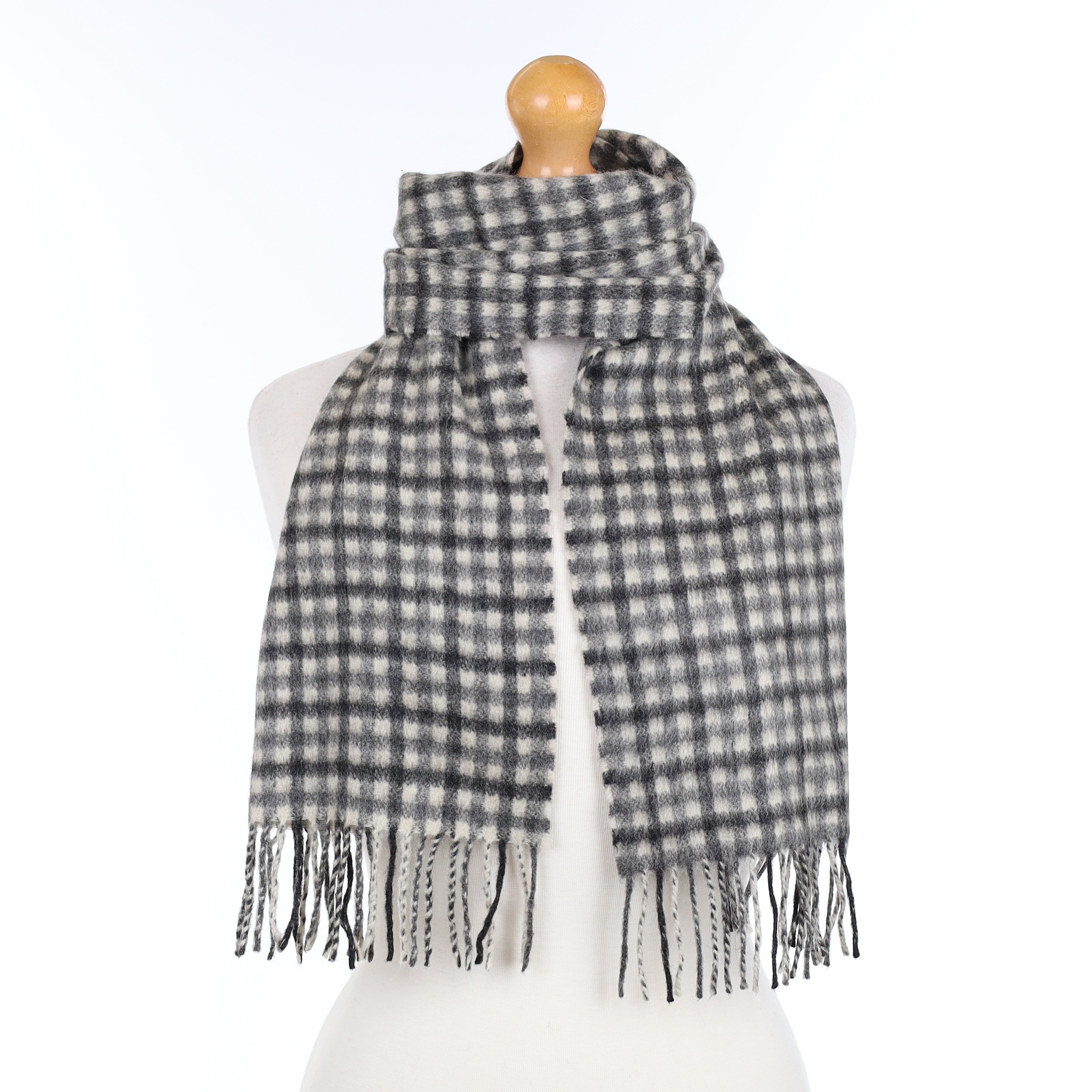 Grey and Black Checked Cashmere Woven Scarf