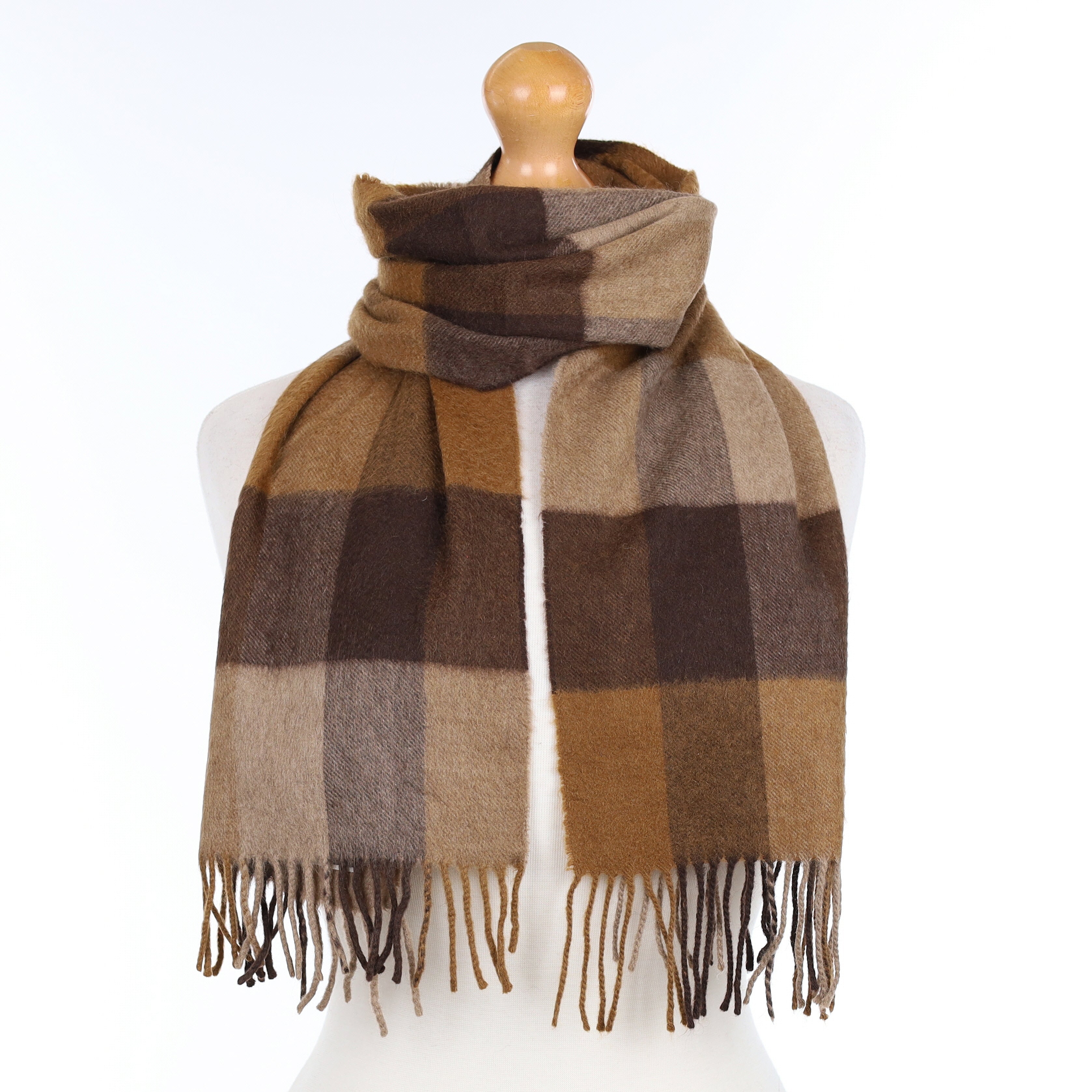 Scottish Chocolate Brown Cinnamon and Fawn Checked Cashmere Woven Scarf
