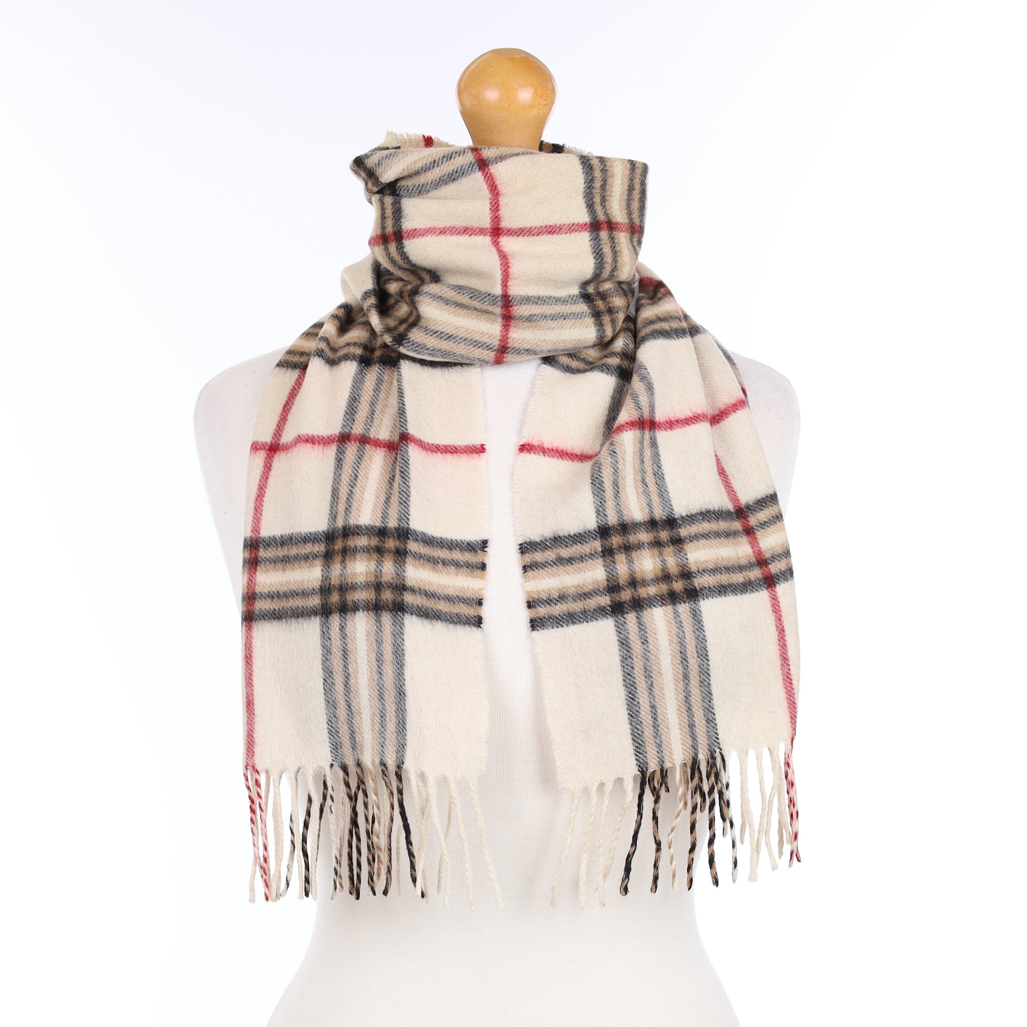 Ivory Brown and Red Plaid Cashmere Woven Scarf