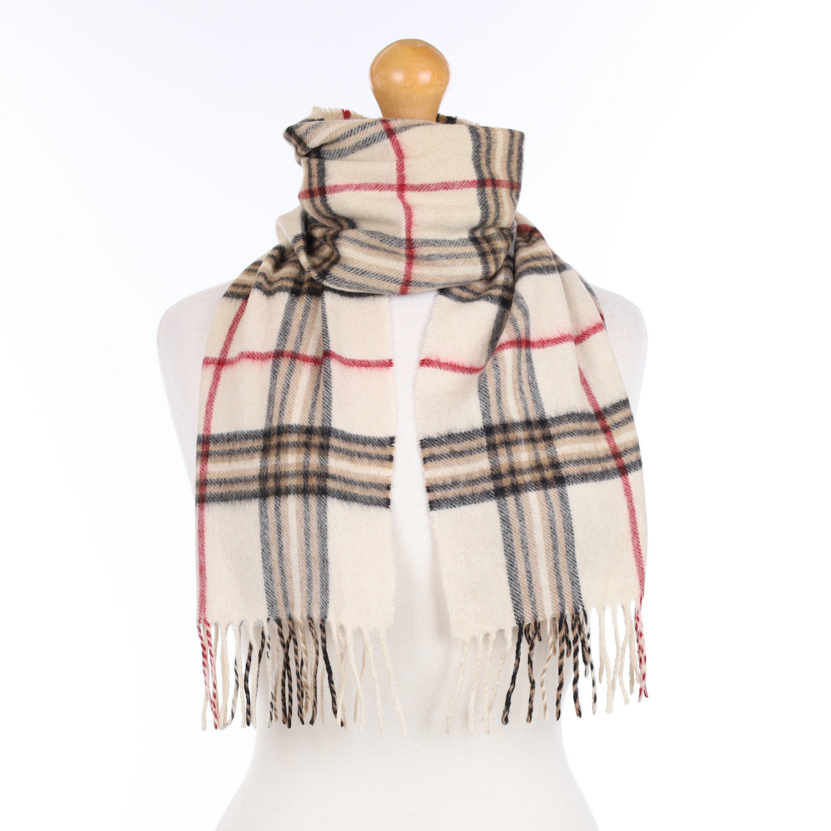Ivory Brown and Red Plaid Cashmere Woven Scarf