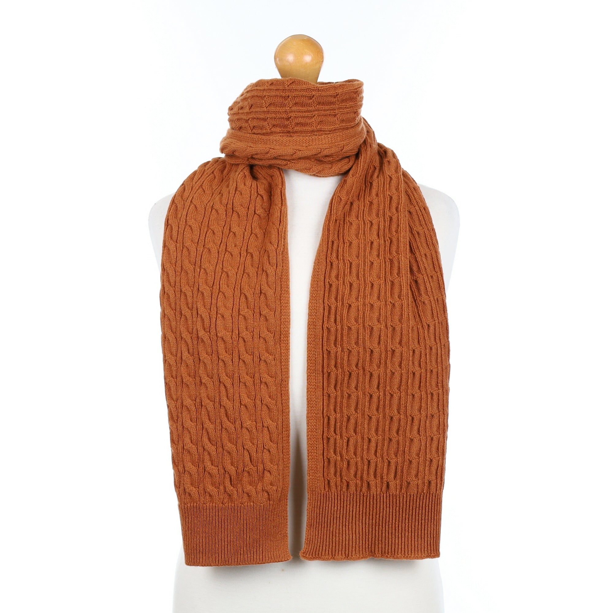 Brand New Scottish Rust Orange Cashmere Cable Scarf