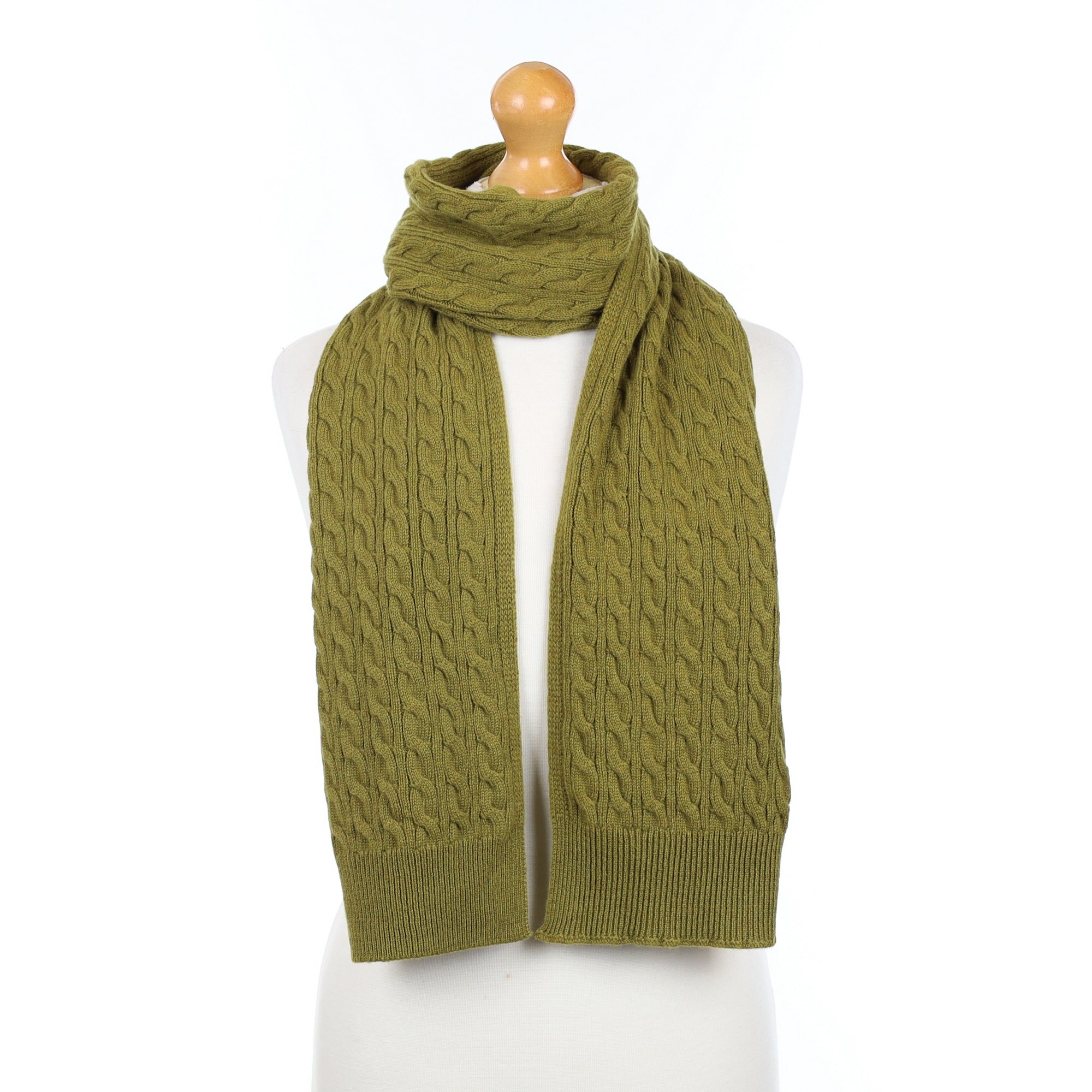 Brand New Scottish Olive Green Cashmere Cable Scarf