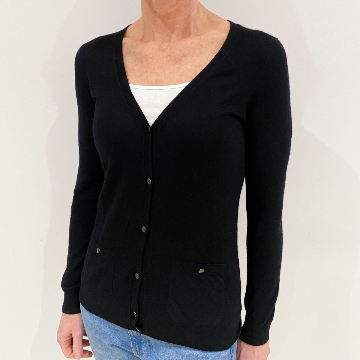 Black Fine Knit V-Neck Cashmere Cardigan Small
