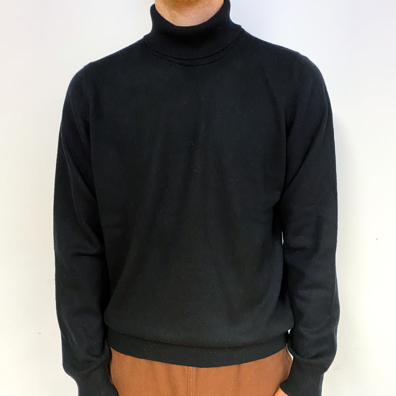 Men's Black Scottish Cashmere Polo Neck Jumper Large