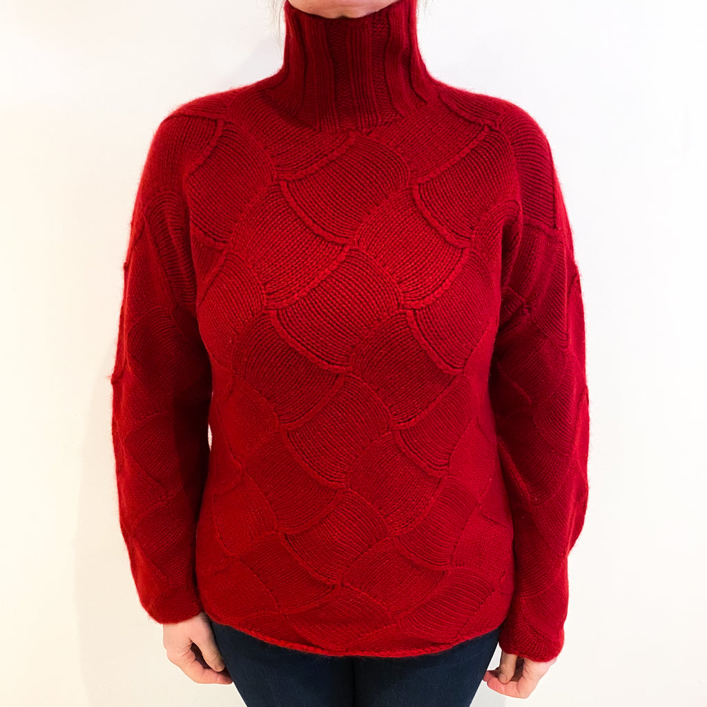 Scarlet Red Textured Cashmere Turtle Neck Jumper Large