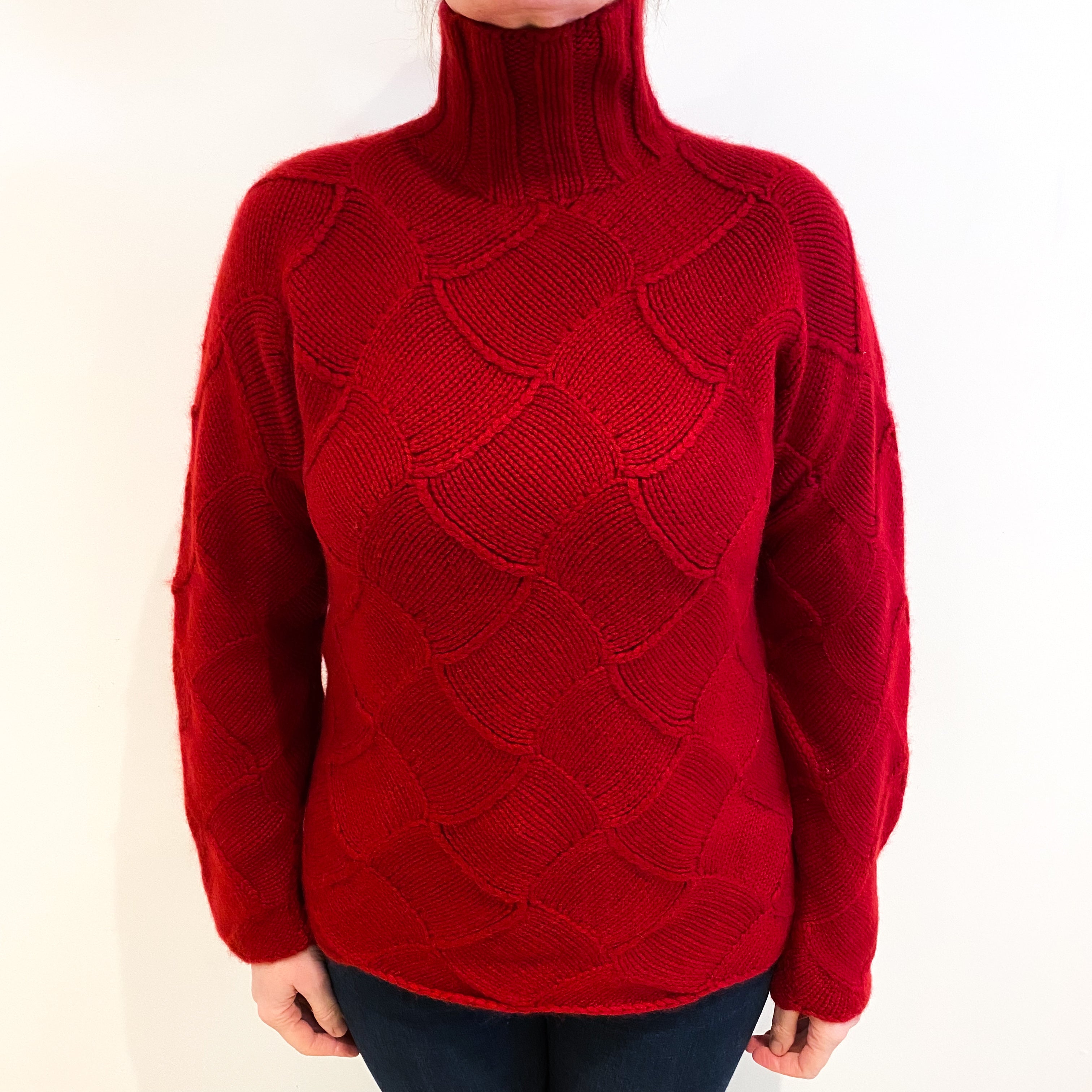 Scarlet Red Textured Cashmere Turtle Neck Jumper Large
