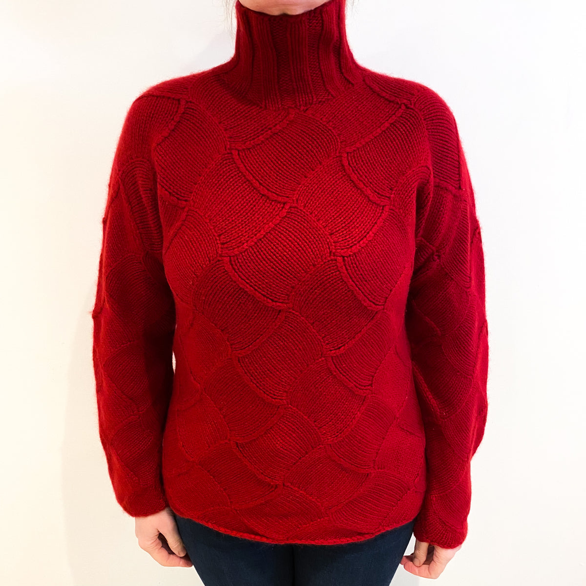 Scarlet Red Textured Cashmere Turtle Neck Jumper Large