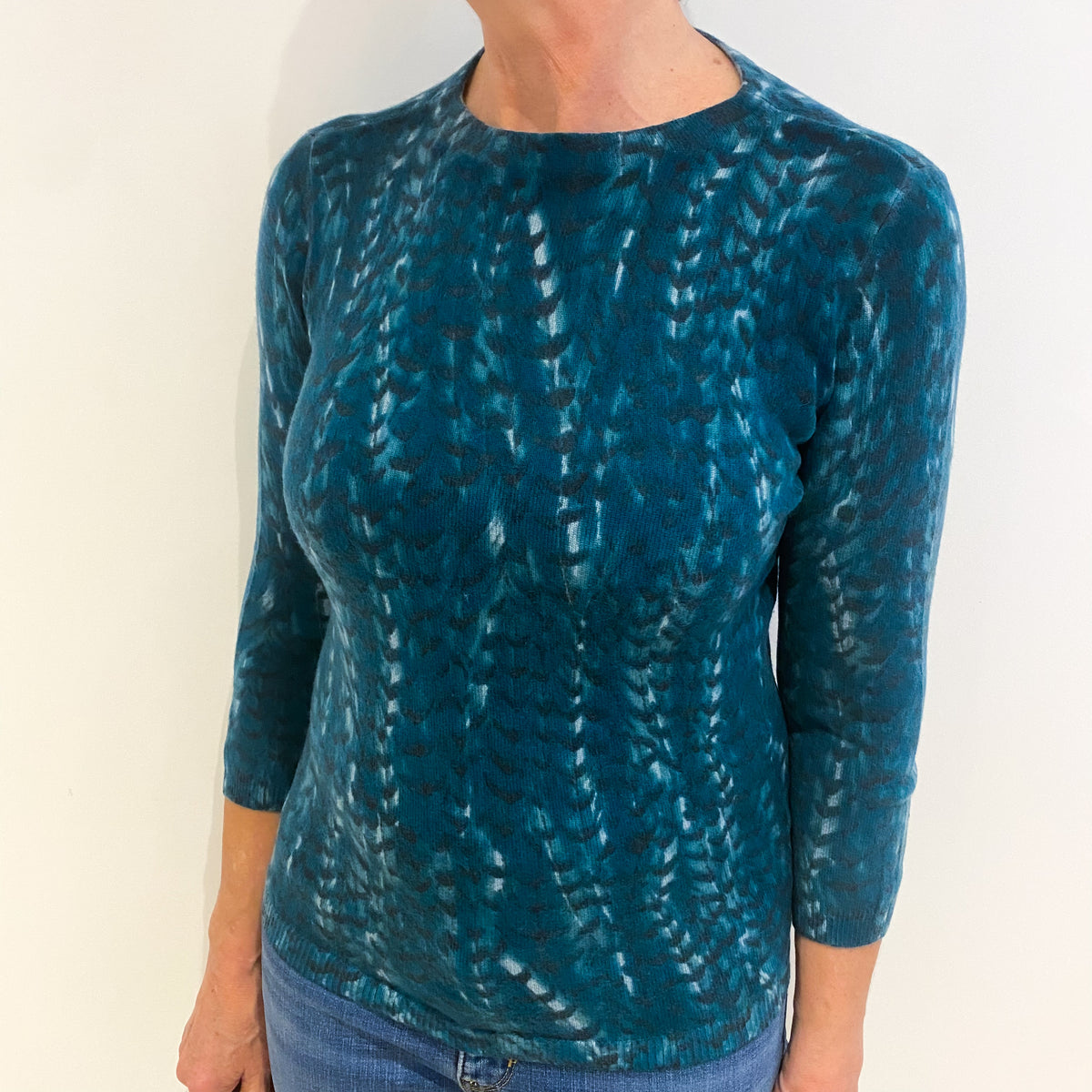 Teal Green Feathered Pattern Cashmere Crew Neck Jumper Medium