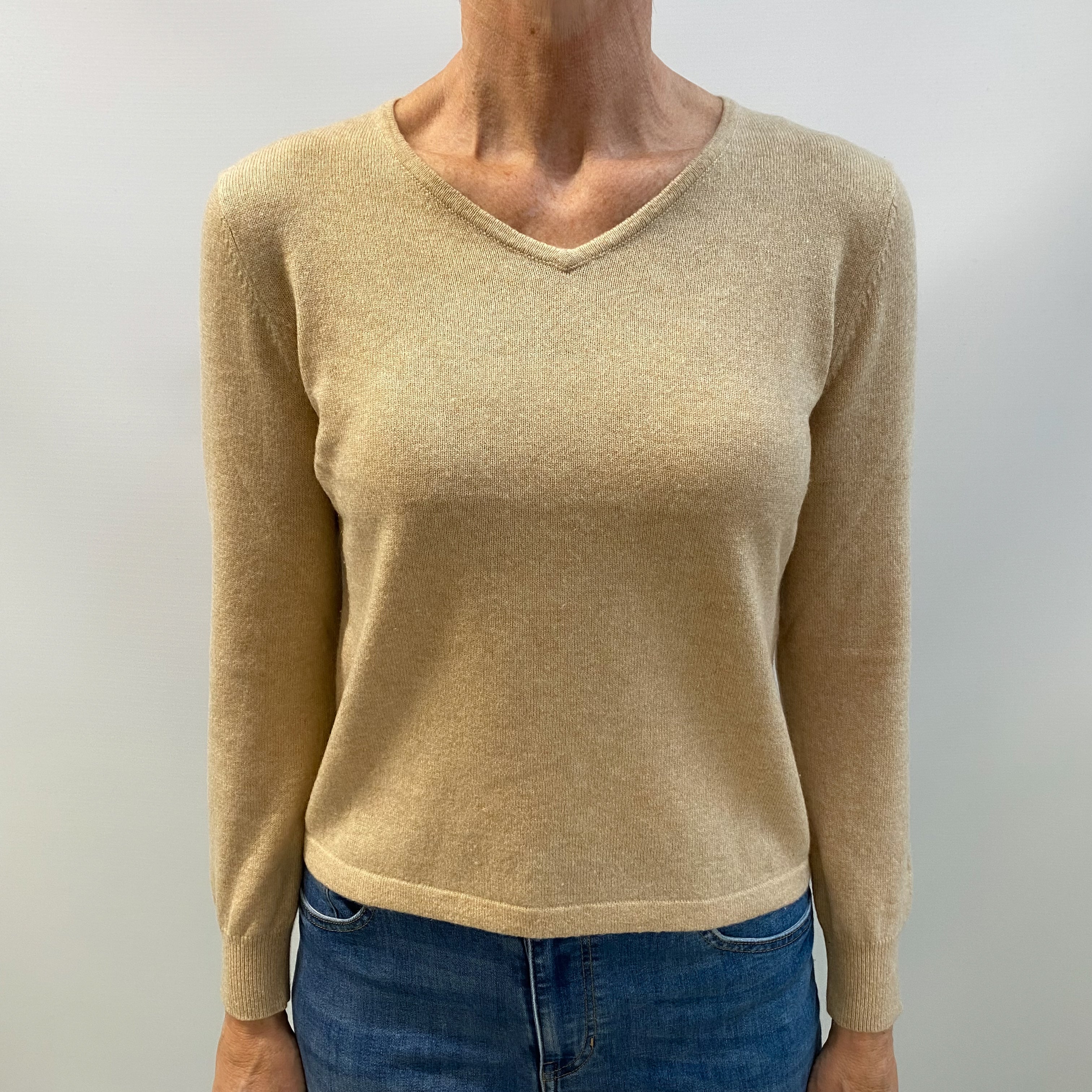 Buff Beige Cashmere V Neck Jumper Small