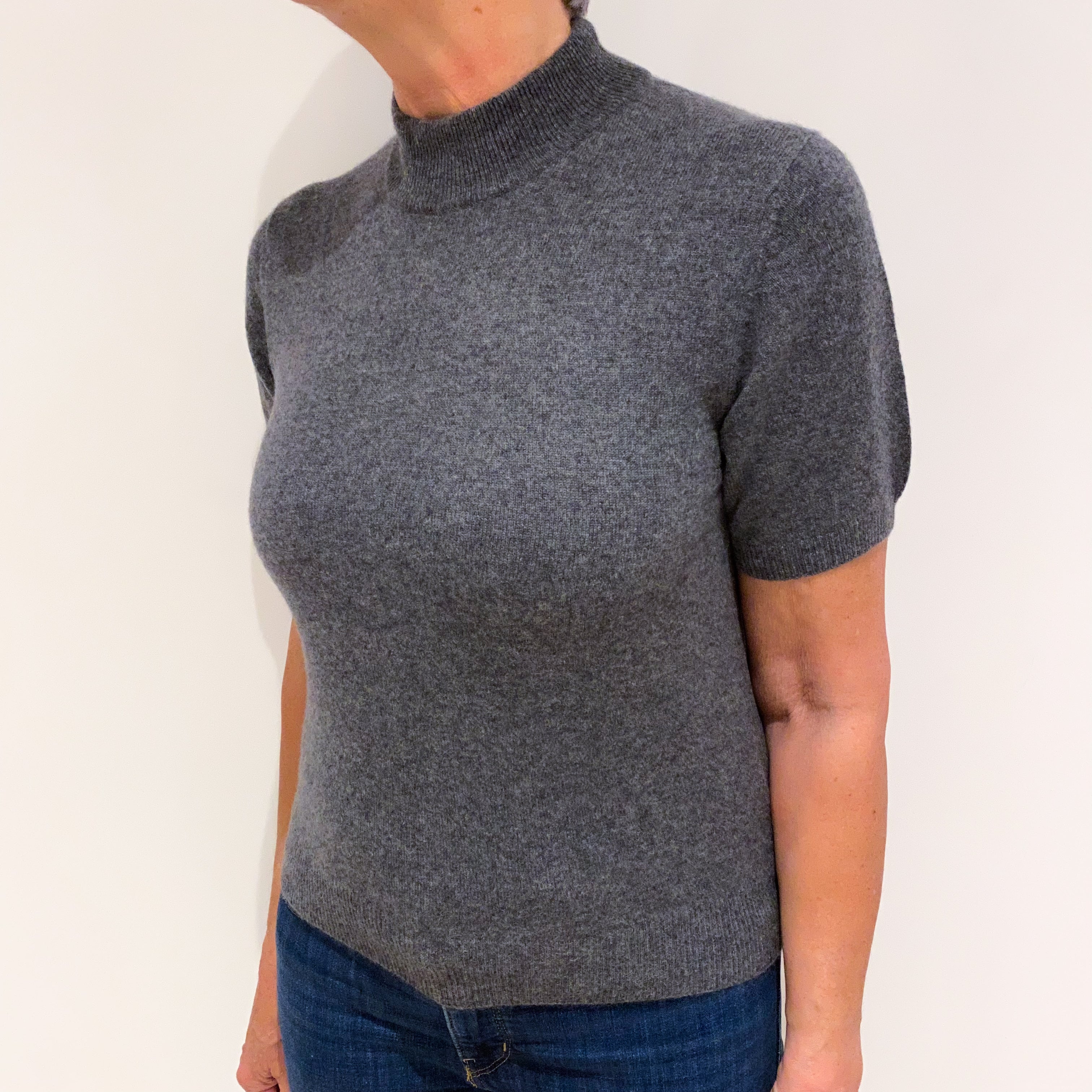 Smoke Grey Cashmere Short Sleeved Polo Neck Jumper Medium