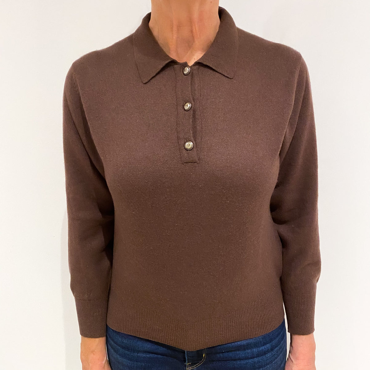 Pecan Brown Cashmere Collared 1/4 Button Jumper Medium