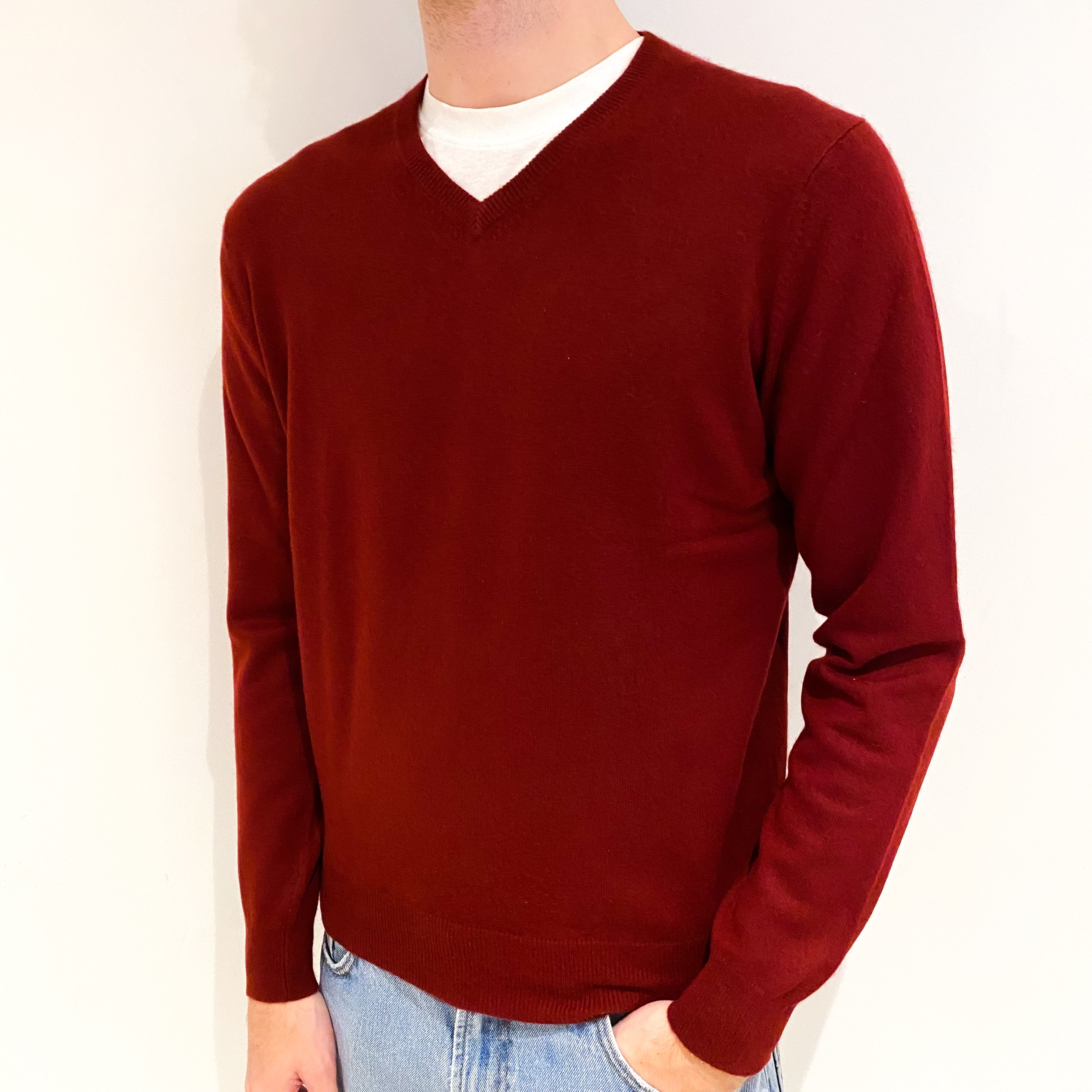 Men's Maroon Red Cashmere V Neck Jumper Medium