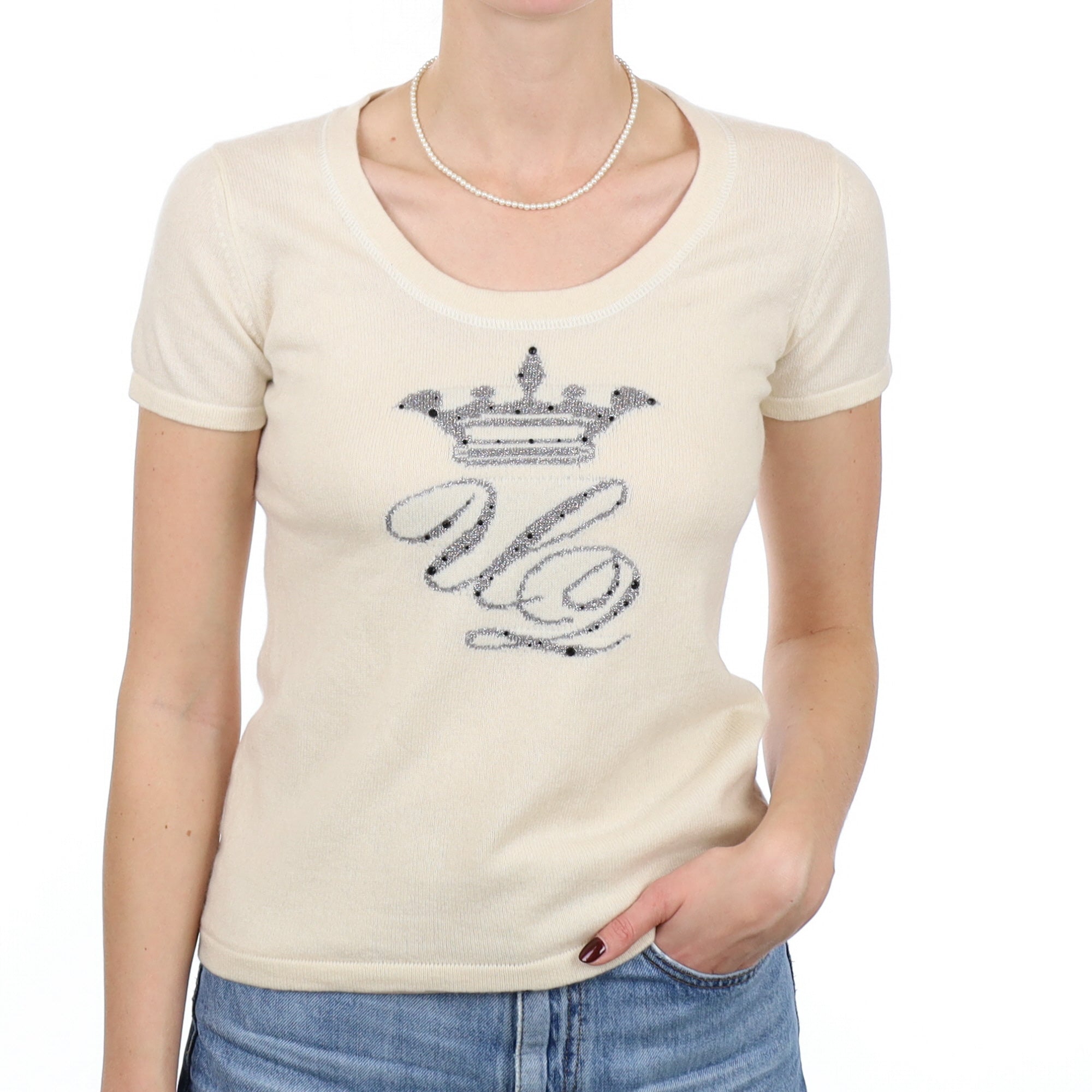 Ivory Crown Motif Cashmere Short Sleeve Scoop Neck Jumper Small