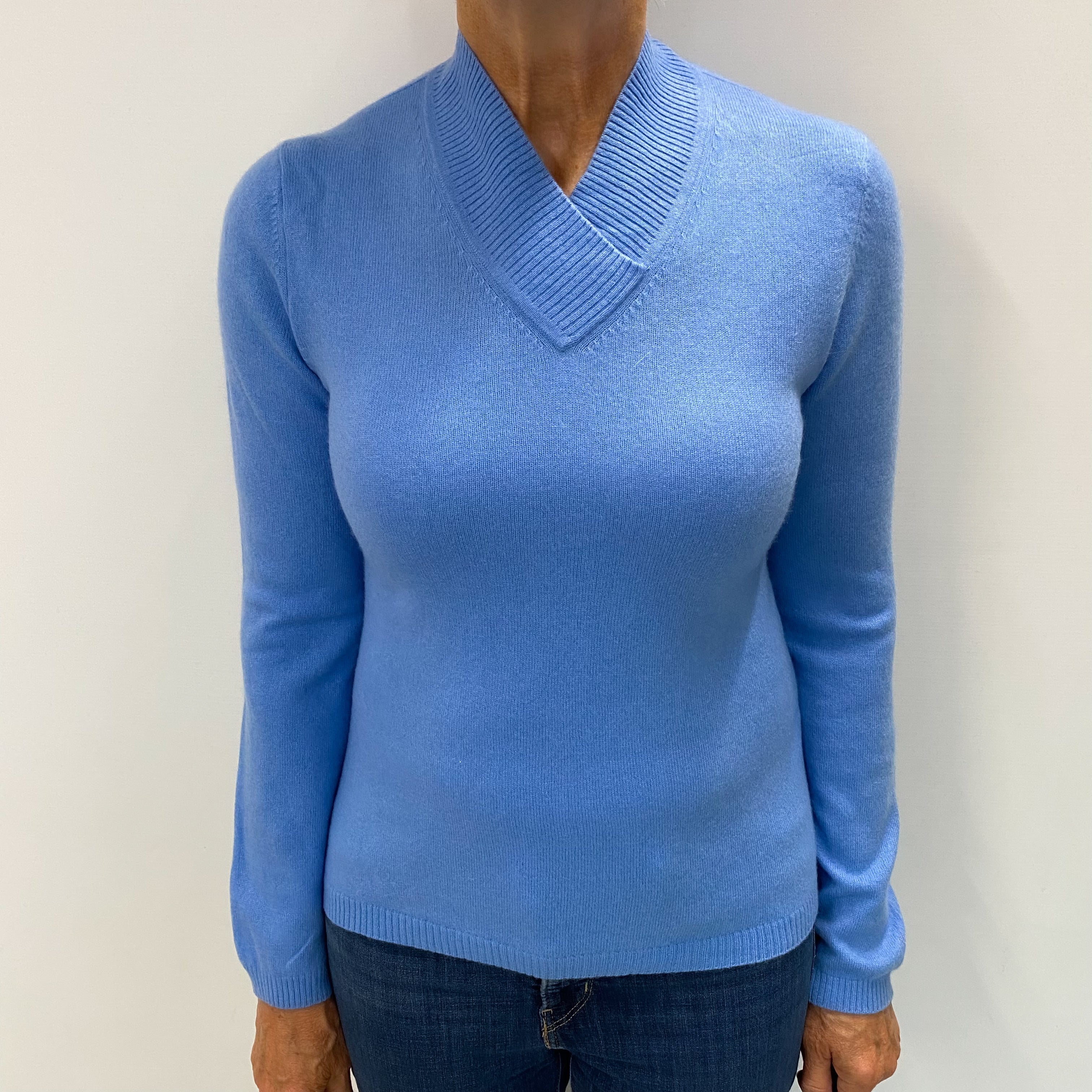 Cornflower Blue Cashmere V Neck Jumper Medium