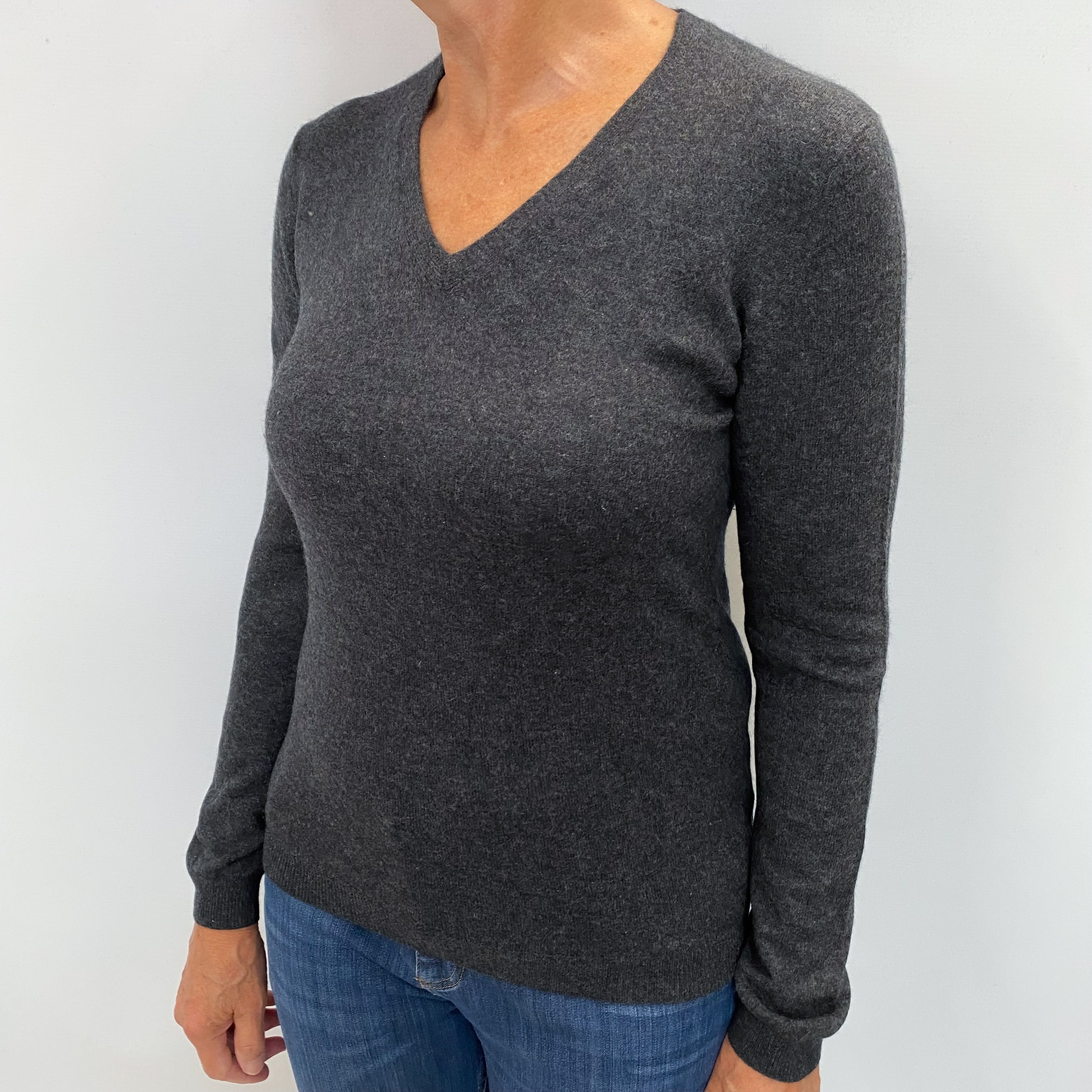 Charcoal Grey Cashmere V Neck Jumper Medium