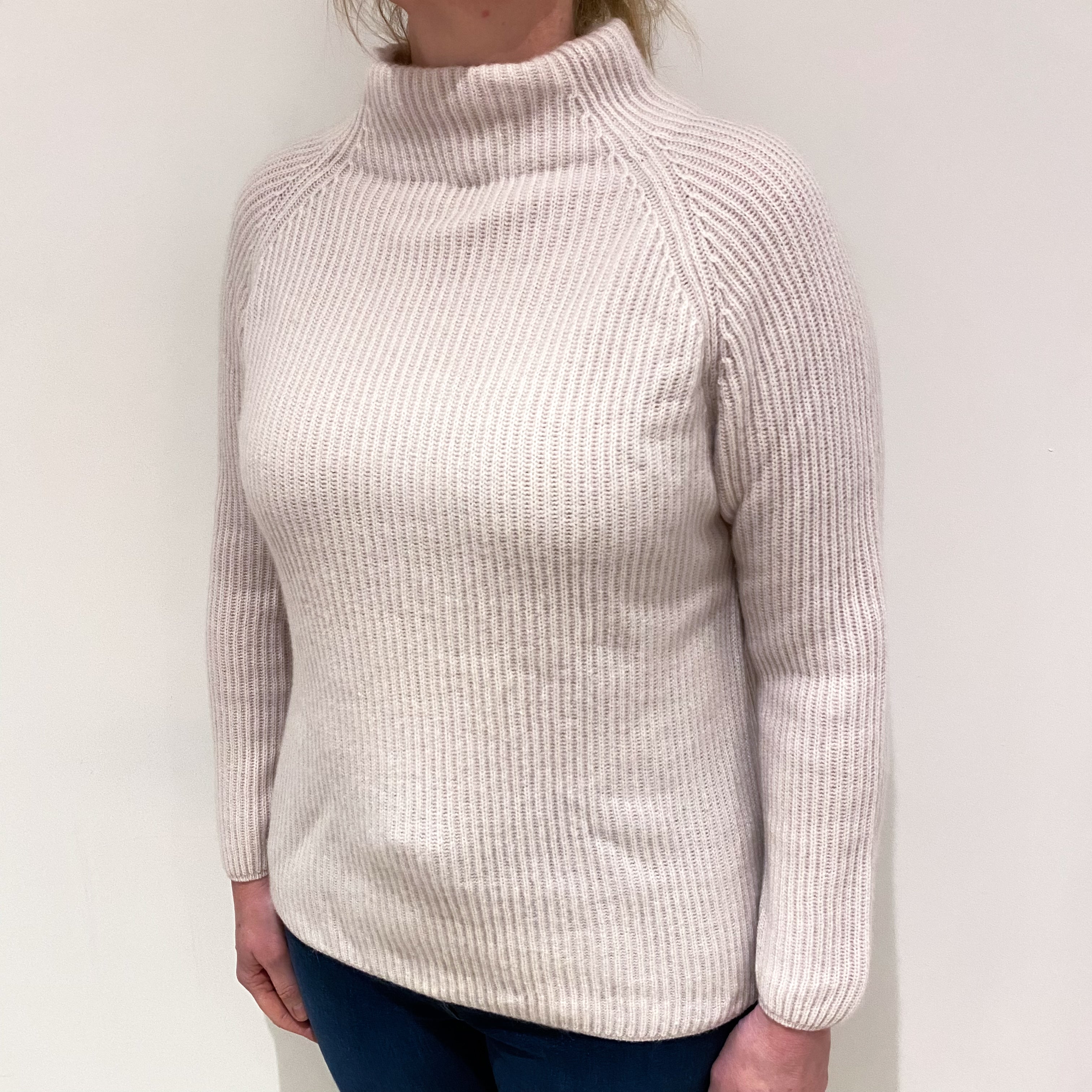 Palest Pink Chunky Rib Cashmere Turtle Neck Jumper Large
