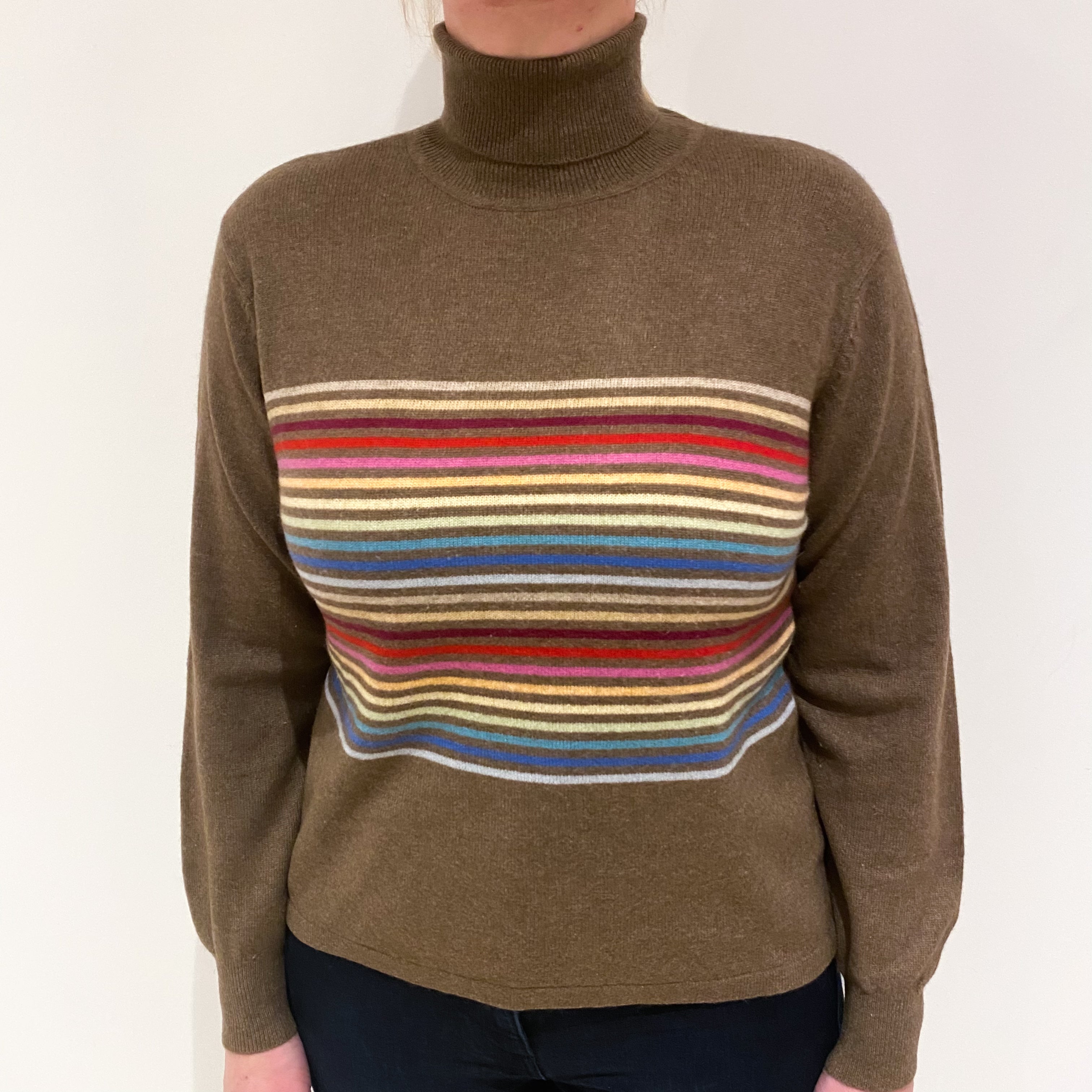 Donkey Brown Colourful Striped Cashmere Polo Neck Jumper Large