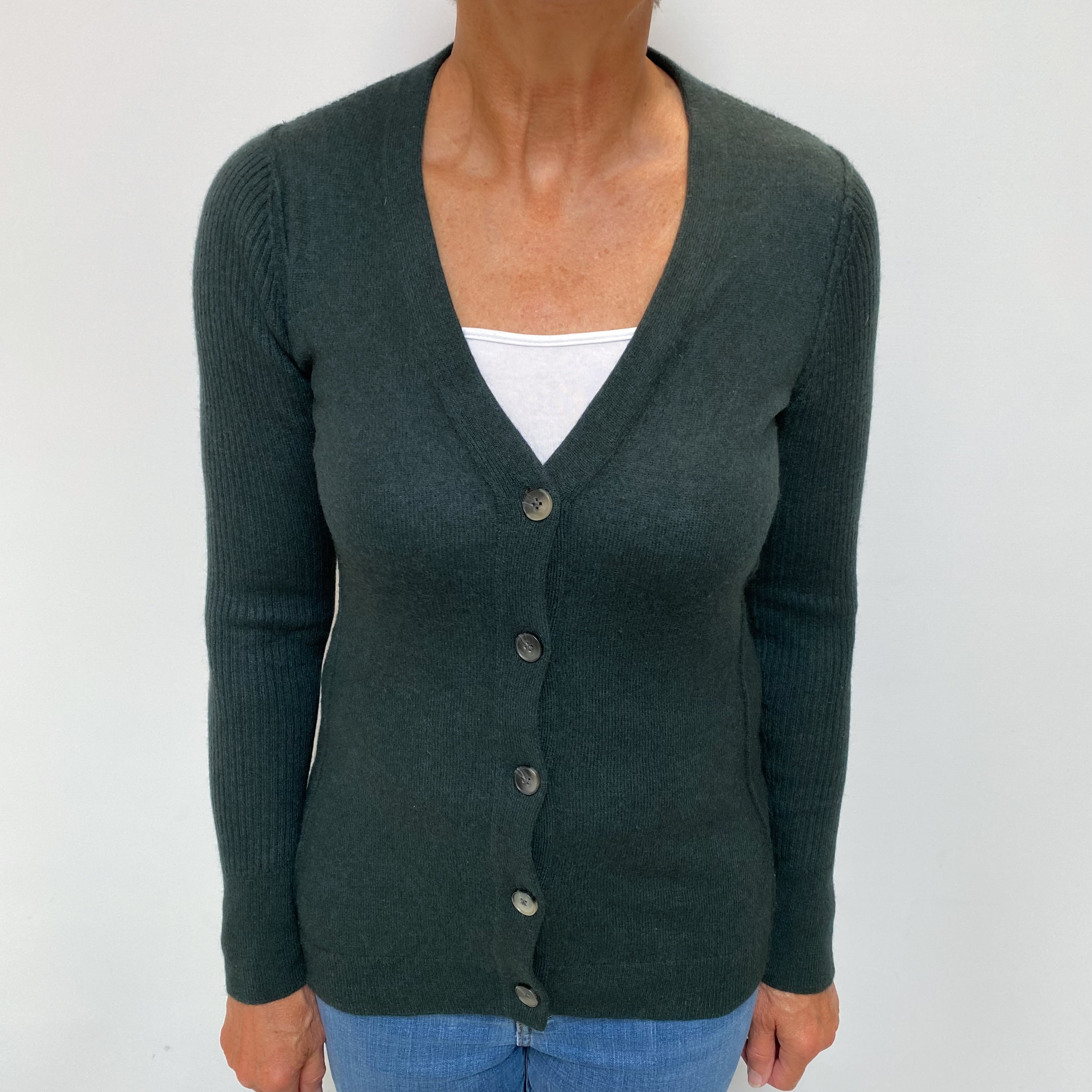 Deep Forest Green Cashmere V Neck Cardigan Medium