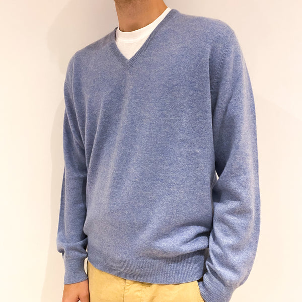 Men's Sky Blue Cashmere V-Neck Jumper Large