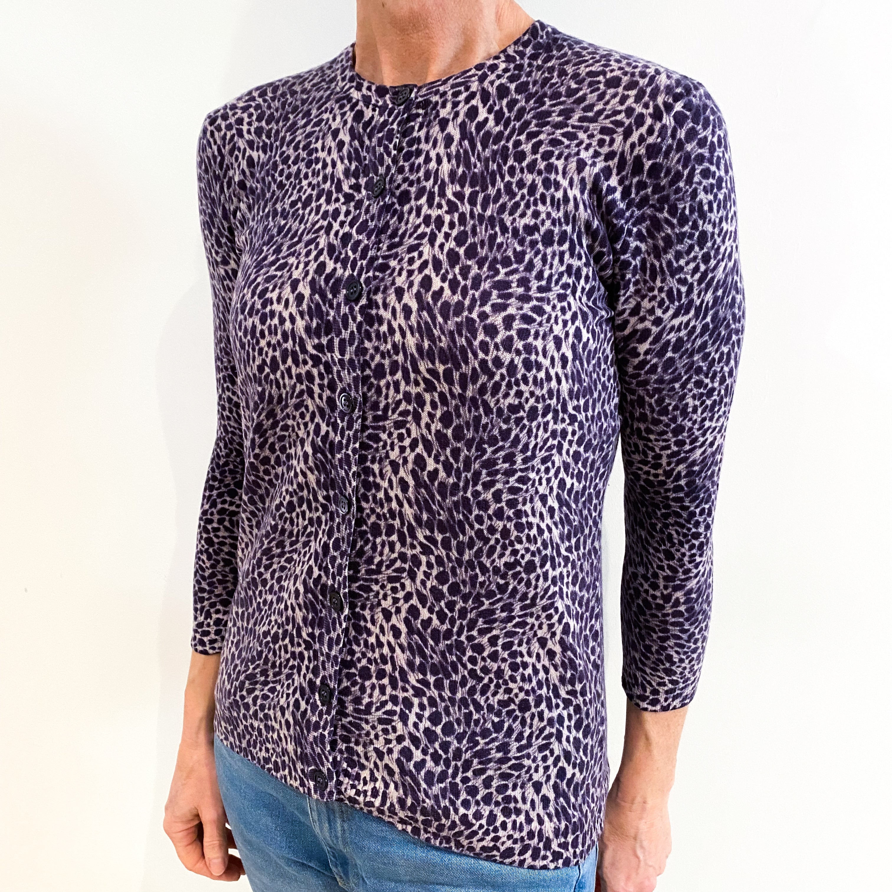 Purple Animal Print Cashmere Crew Neck Cardigan Small
