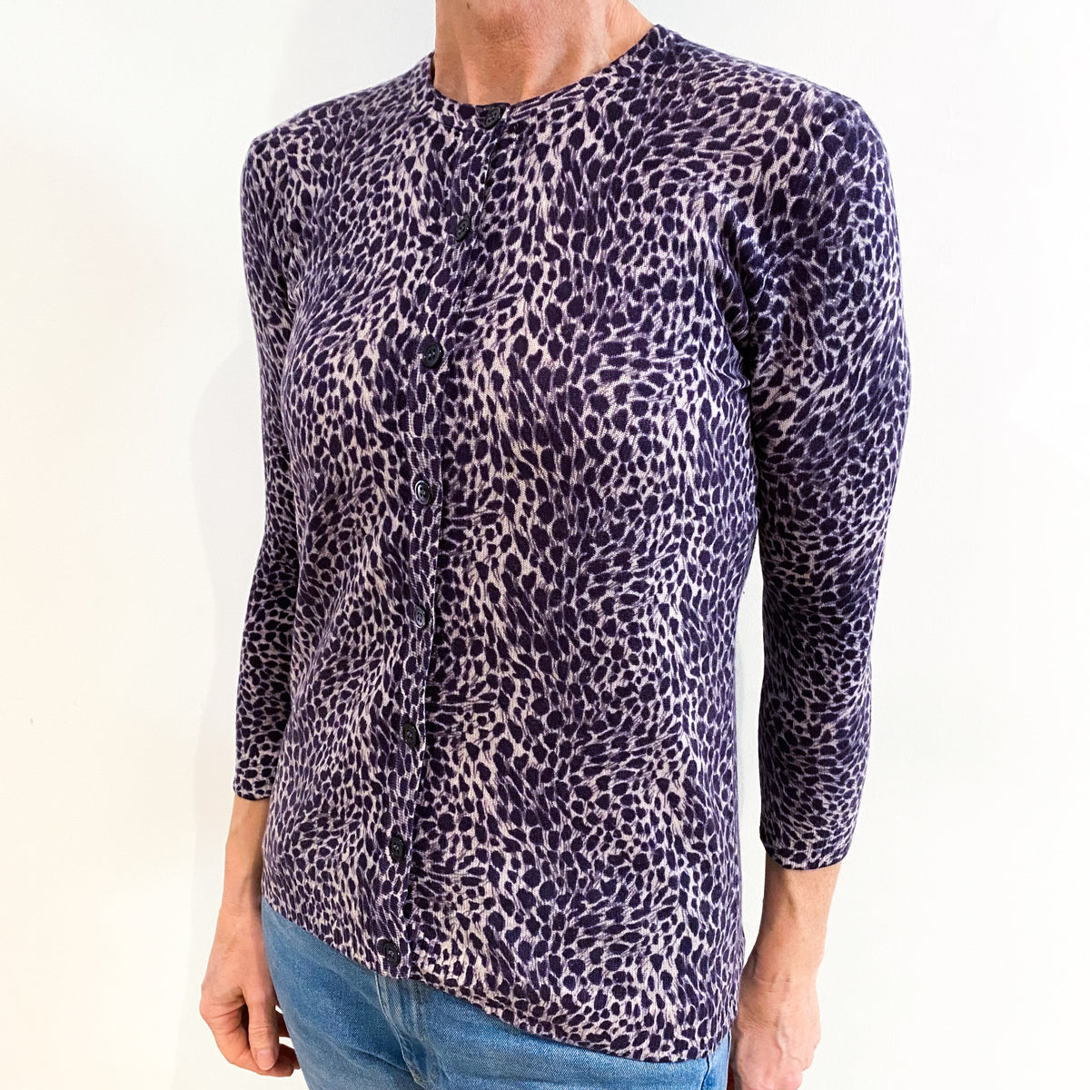 Purple Animal Print Cashmere Crew Neck Cardigan Small