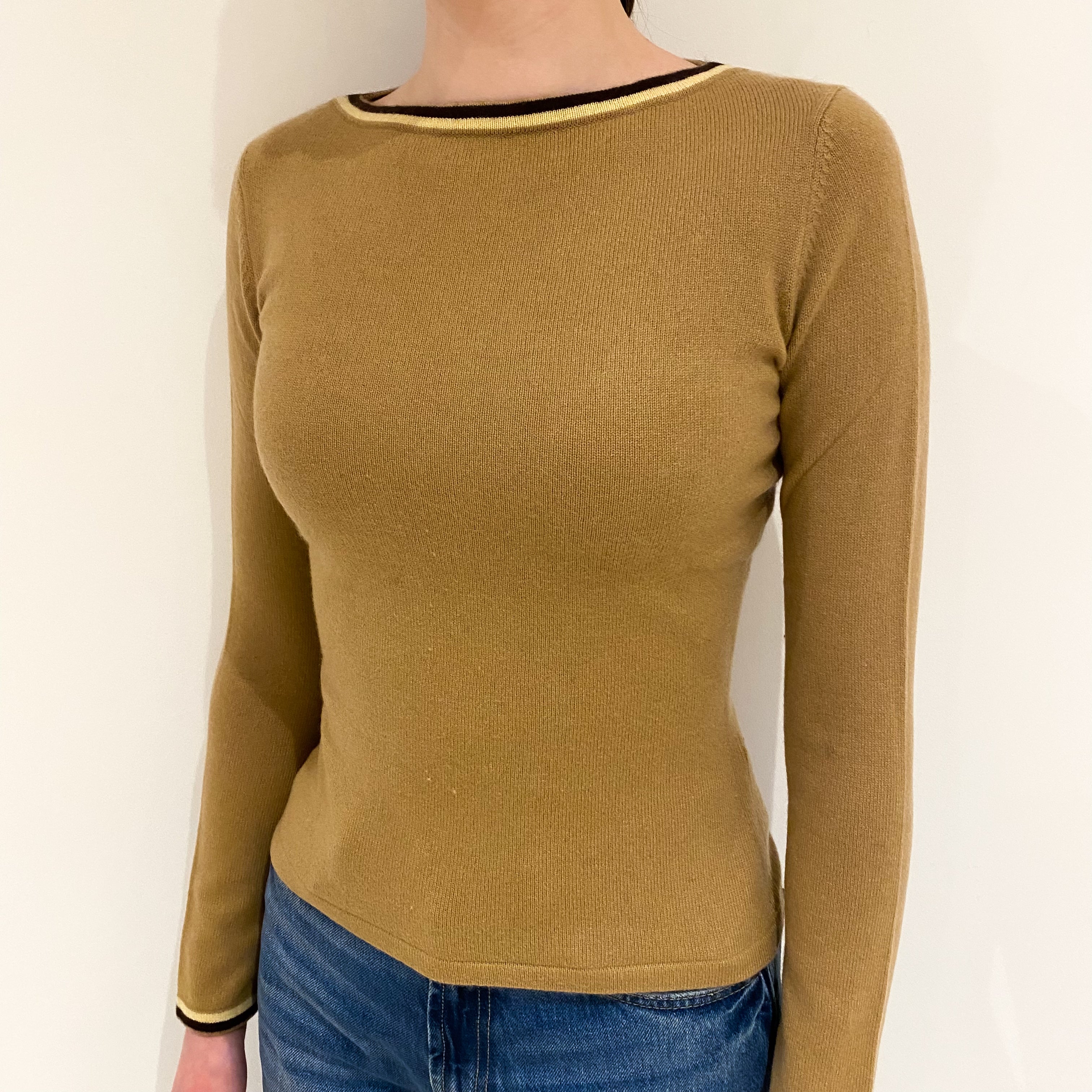 Camel Brown Trimmed Cashmere Crew Neck Jumper Extra Small