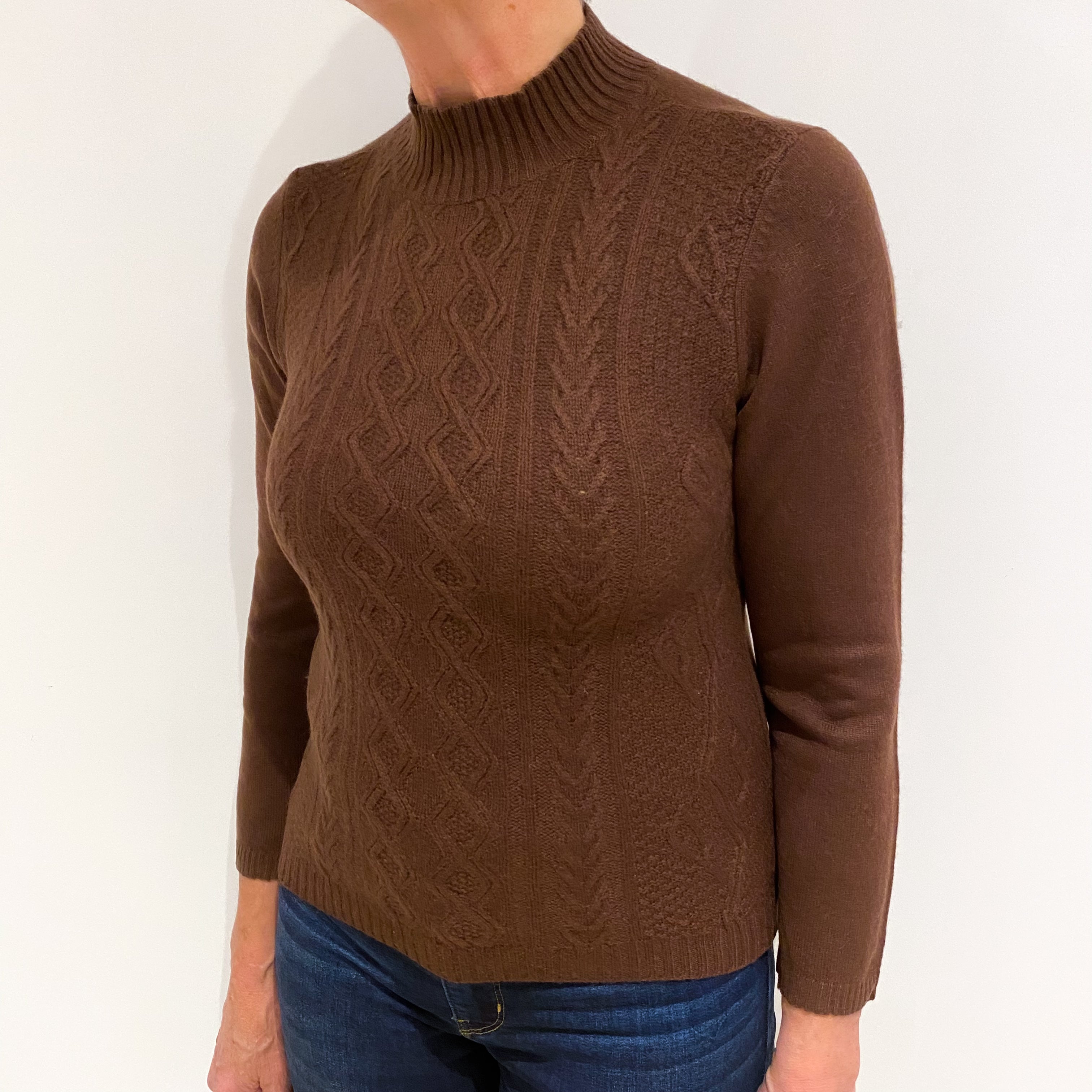 Umber Brown Textured Cashmere Turtle Neck Jumper Medium