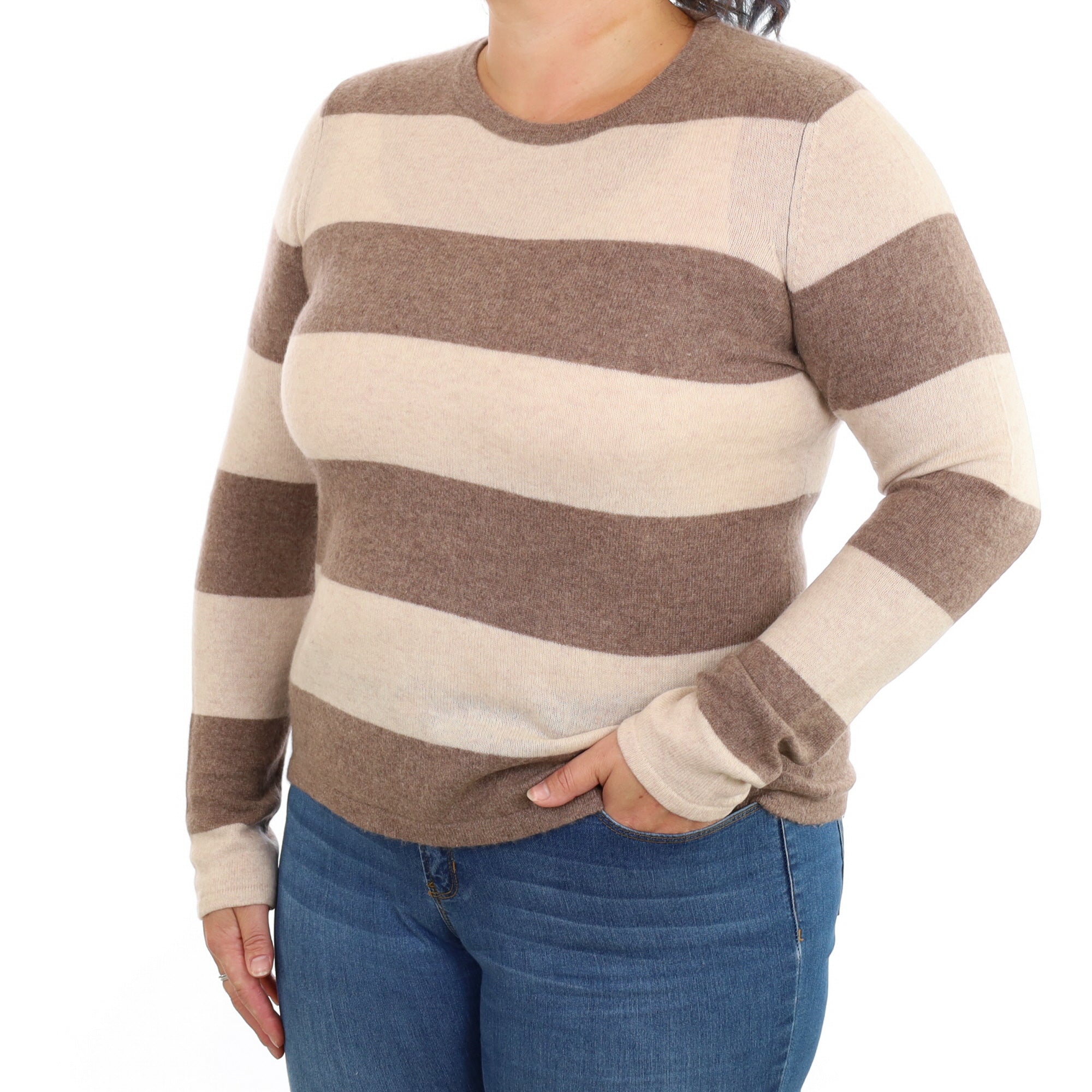 Fudge Brown Striped Cashmere Crew Neck Jumper Large