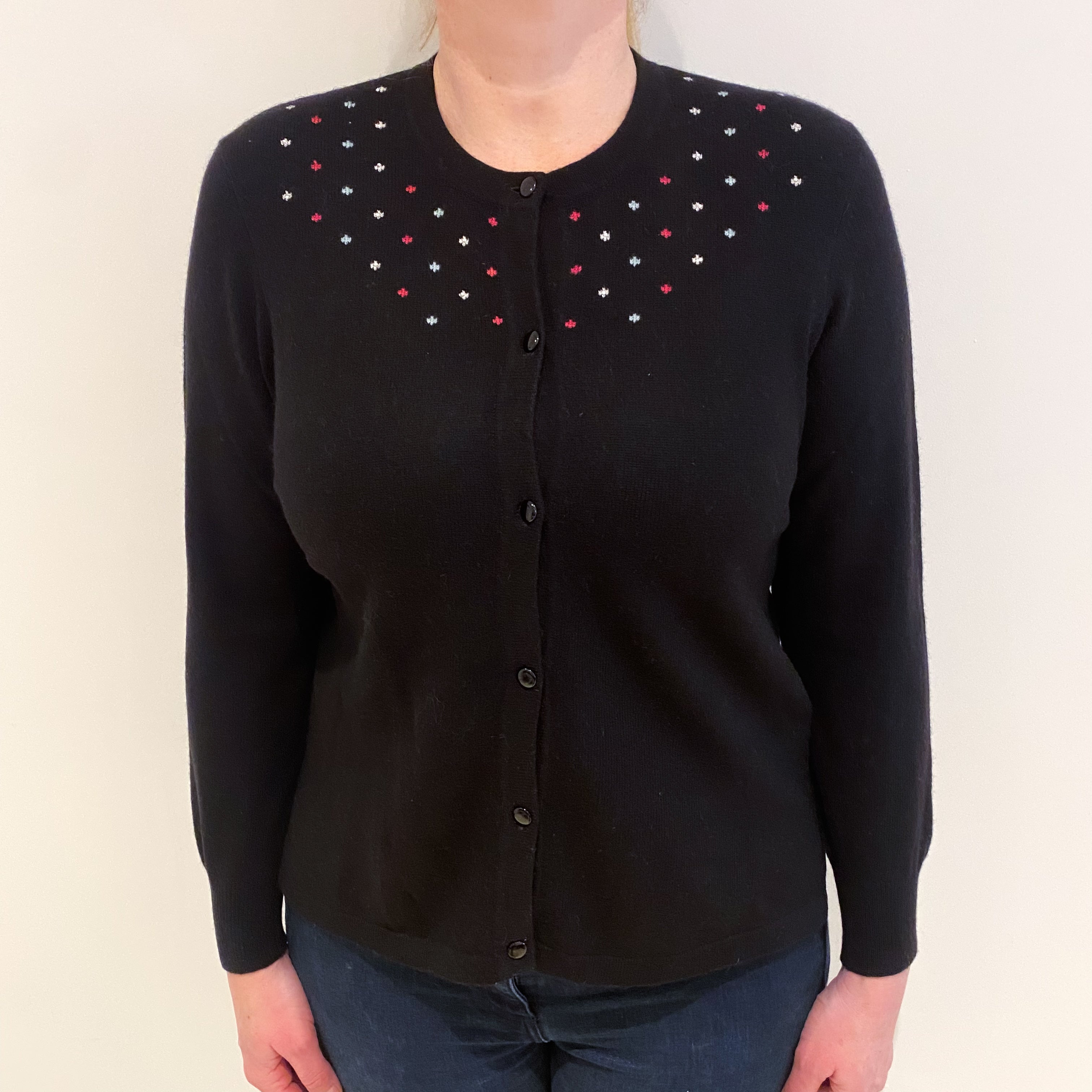 Black With Spot Pattern Cashmere Crew Neck Cardigan Large