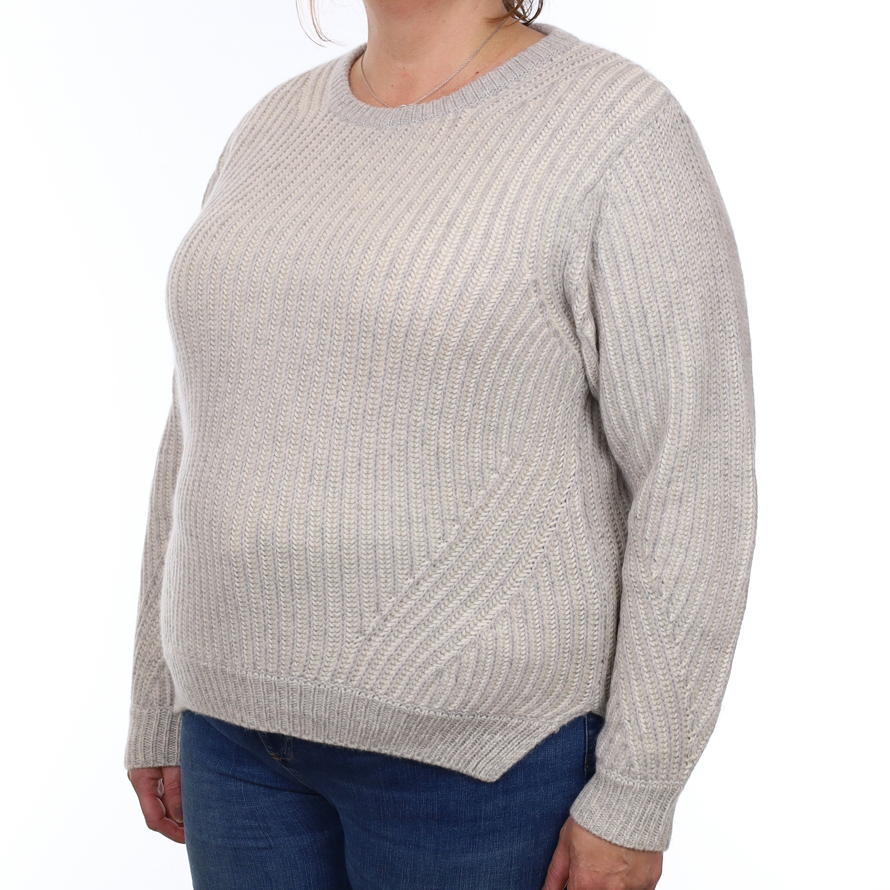 Grey and Ivory Chunky Ribbed Cashmere Crew Neck Jumper Extra Large